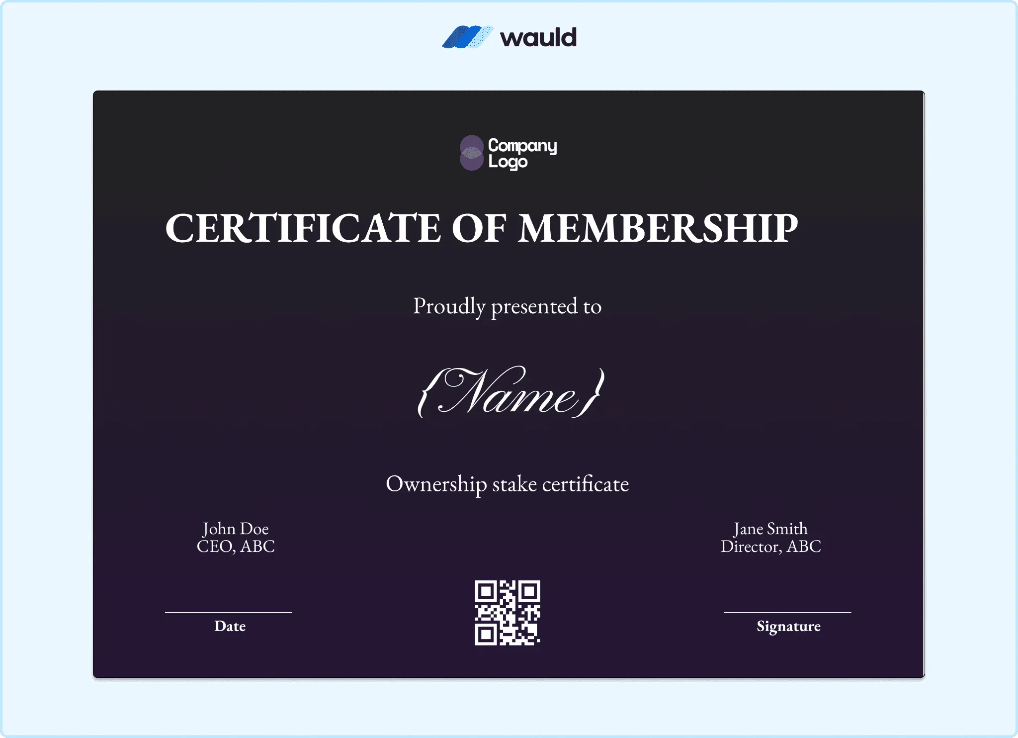 Dark purple certificate of membership template with elegant script typography, member name field, ownership stake details, dual signature lines, and QR code