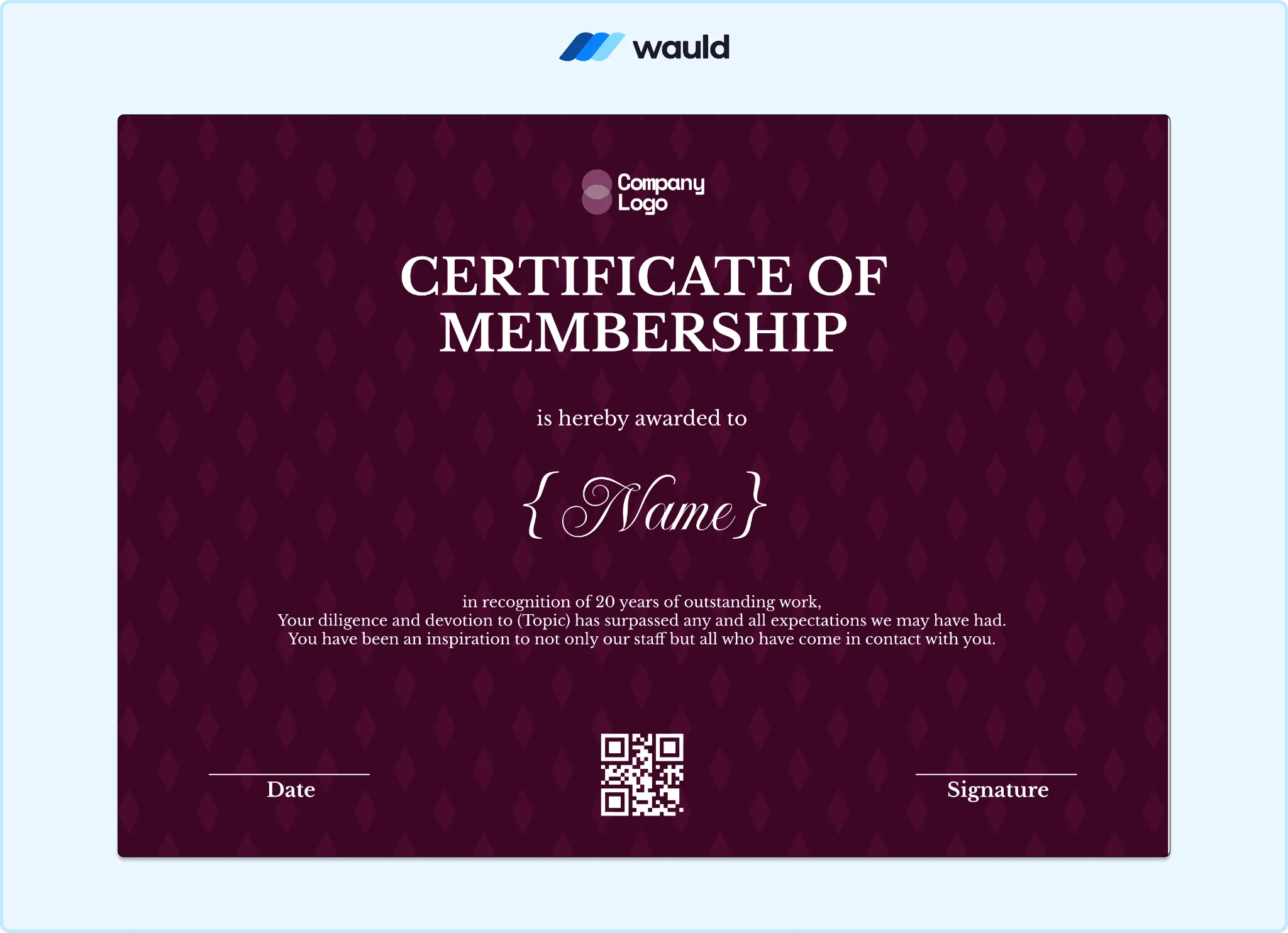 Deep magenta certificate of membership template with formal typography, member name field, chairman and director details, signature lines, and QR code