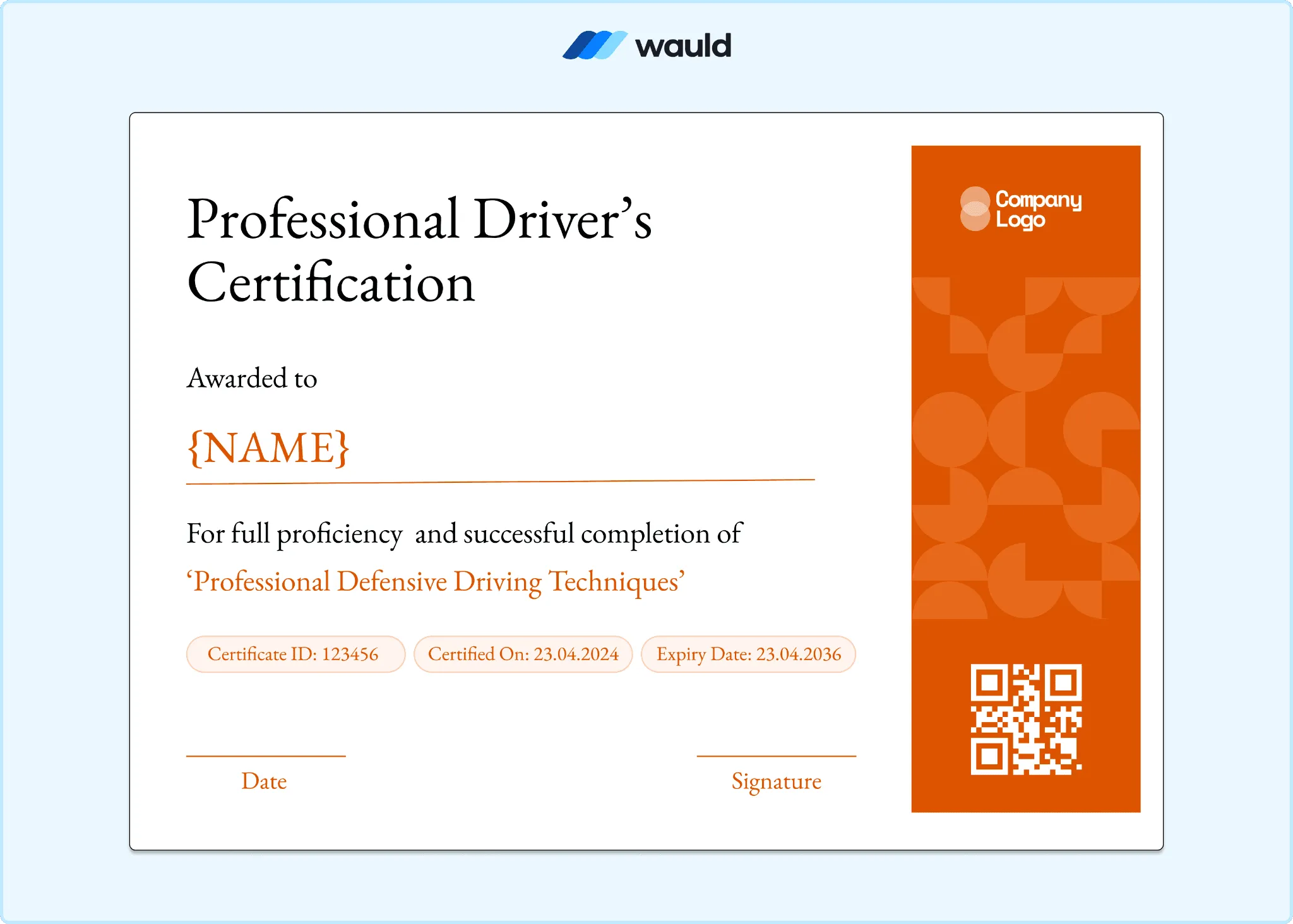Professional driver's certification template with orange side panel, white layout, recipient name field, certificate ID, course dates, expiry date, QR code, and signature line