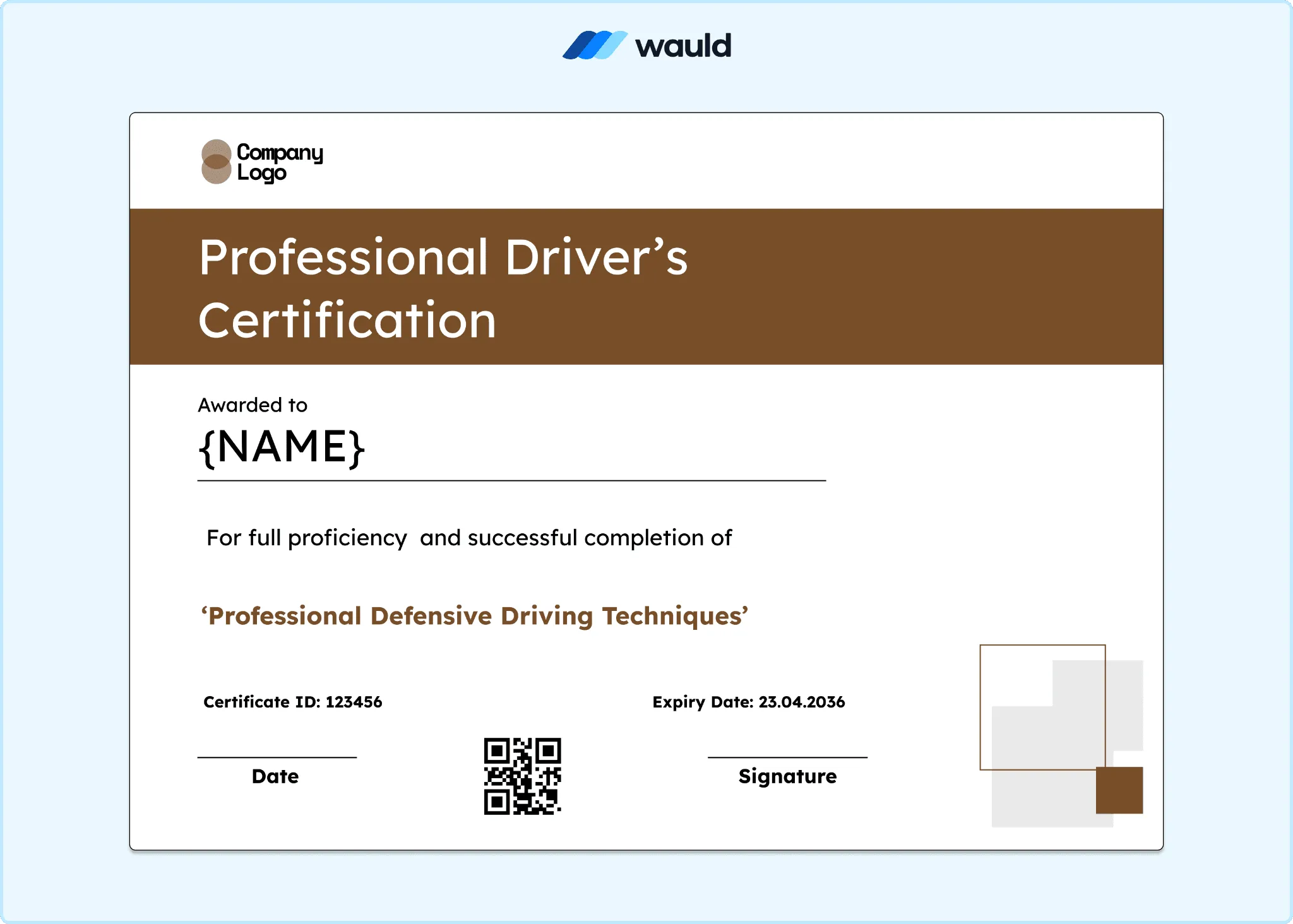 Professional driver's certification template with warm brown header, clean white layout, recipient name field, certificate ID, course dates, expiry date, and QR code