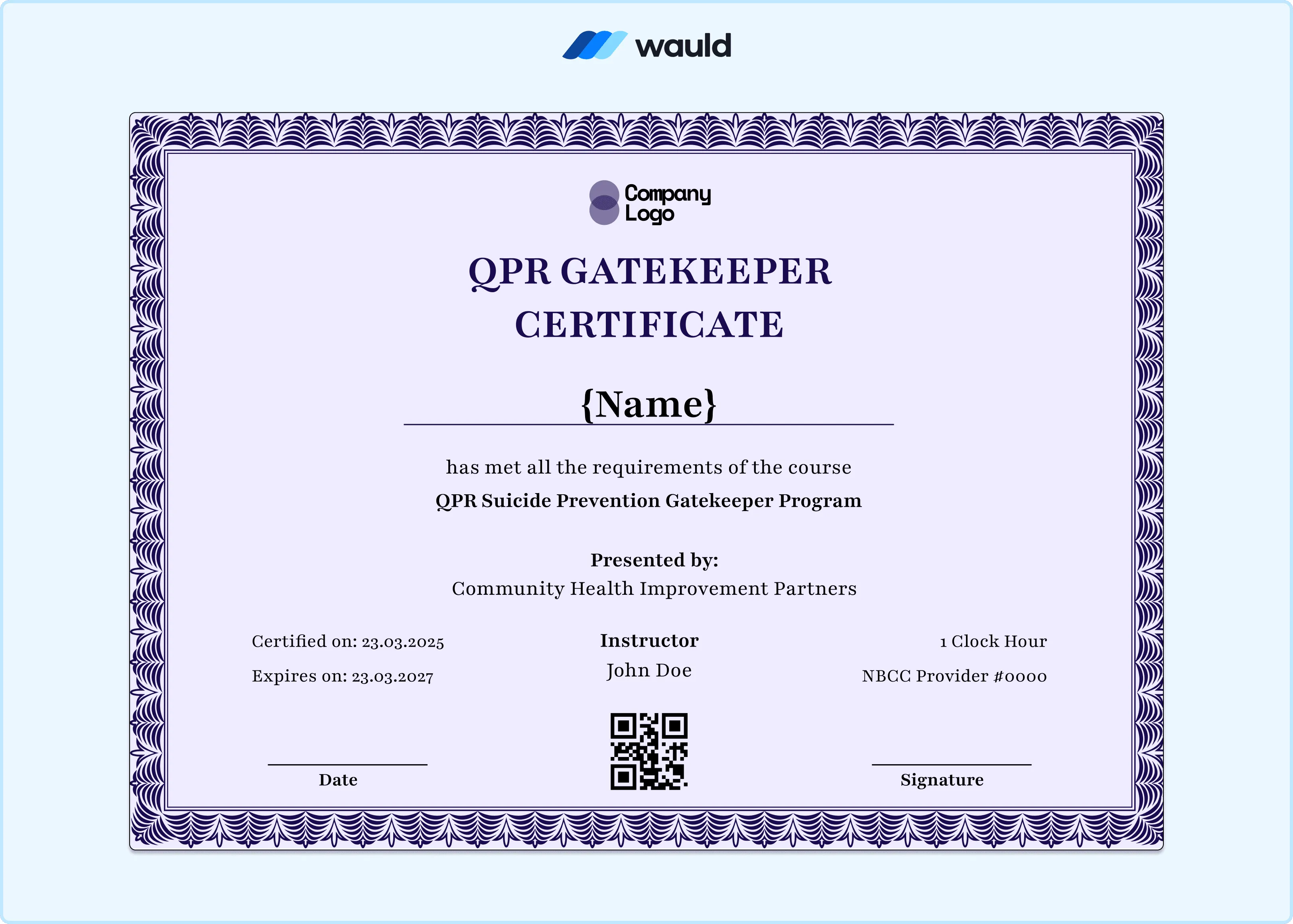 Bold purple QPR Gatekeeper training certificate template with clean white layout, recipient name field, instructor credentials, Community Health Improvement Partners details, certified date, expiry date, NBCC Provider number, and QR code