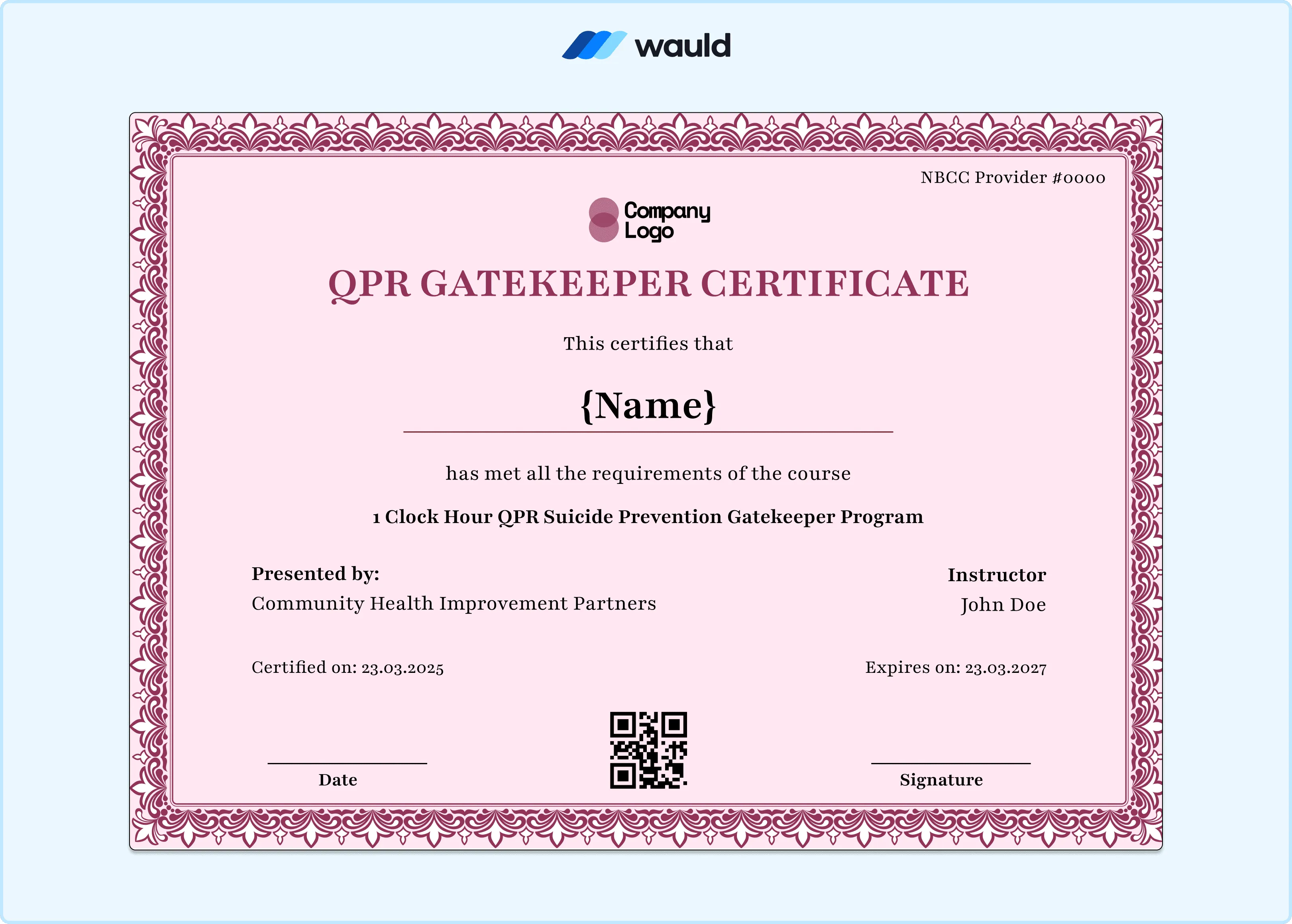 Soft pink and white QPR Gatekeeper certificate template with gentle color accents, recipient name field, instructor details, certified date, expiry date, NBCC Provider number, QR code, and signature line