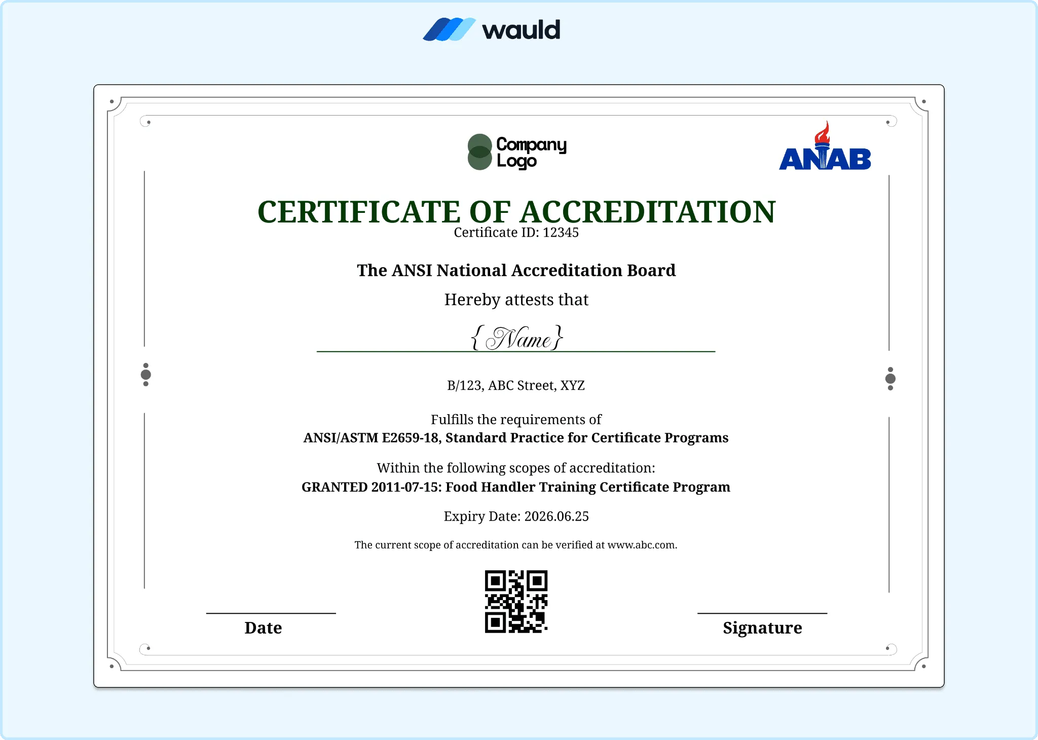 Clean silver bordered certificate of accreditation template with recipient name field, accrediting board details, standard practice reference, granted scope, certificate ID, expiry date, QR code, and signature line