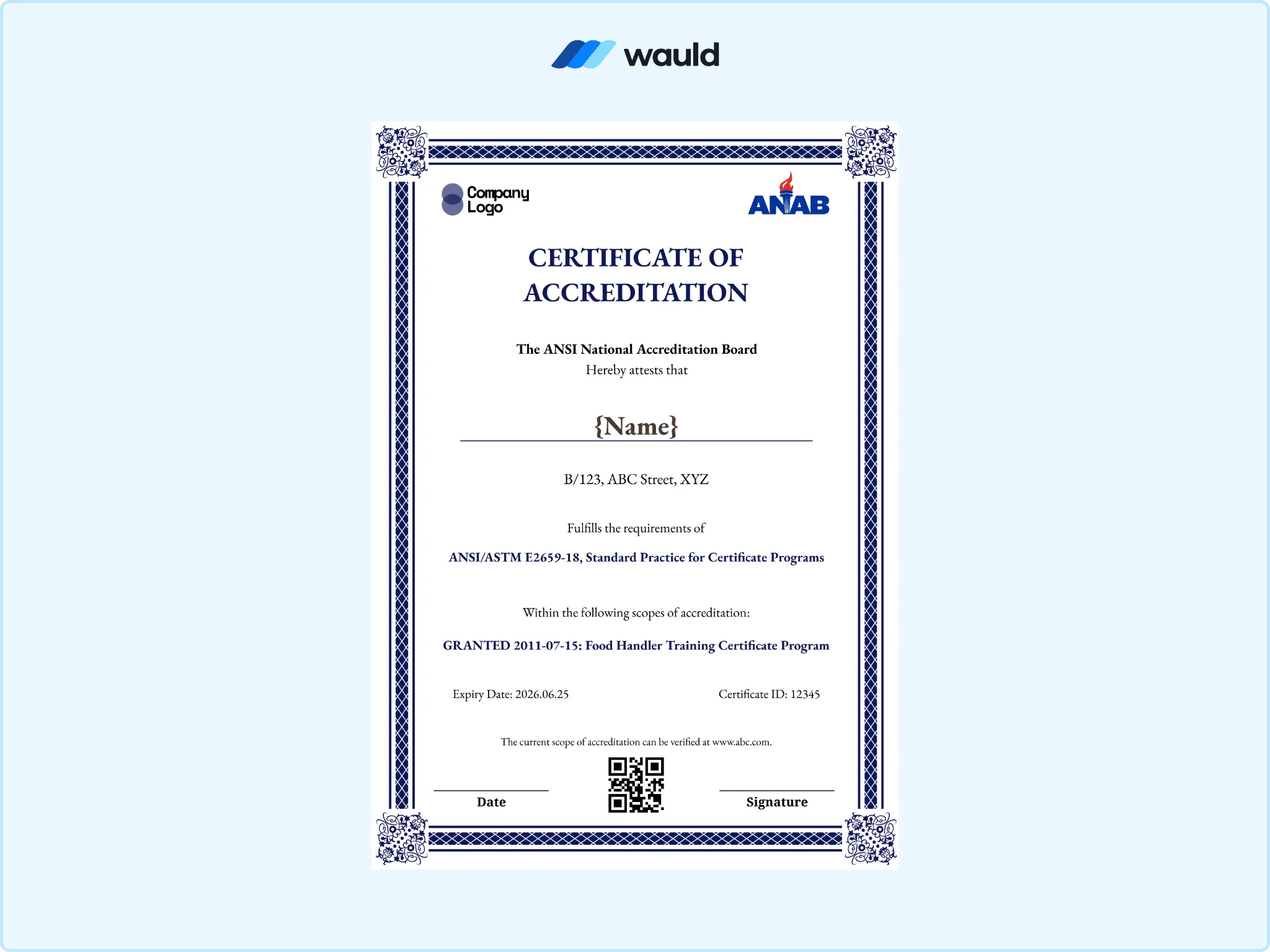 Ornate navy blue bordered certificate of accreditation template with recipient name field, accrediting board details, standard practice reference, granted accreditation scope, certificate ID, expiry date, and QR code