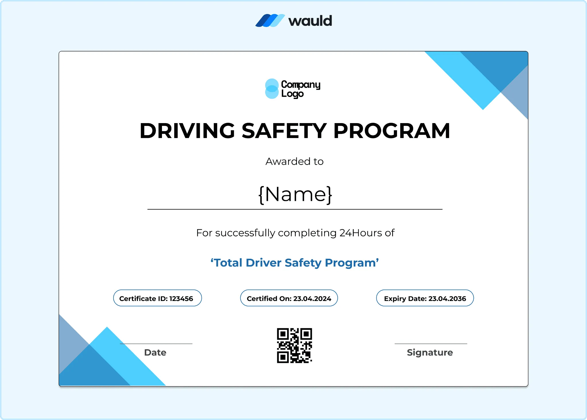 Driving safety program certificate with sharp diagonal blue accents, clean geometric layout, recipient name field, course completion details, certificate ID, expiry date, and QR code