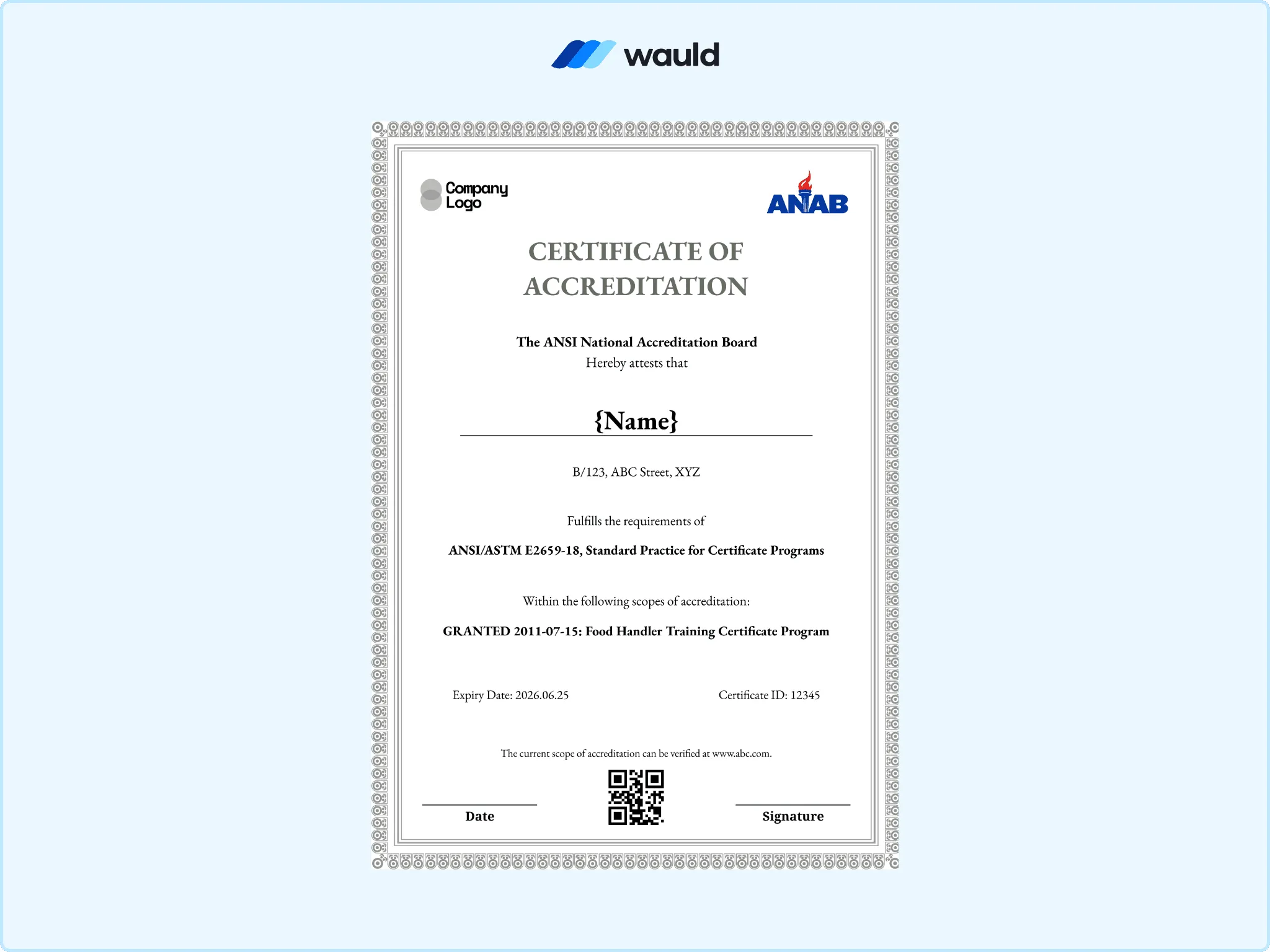 Clean silver bordered certificate of accreditation template with recipient name field, accrediting board details, standard practice reference, granted scope, certificate ID, expiry date, QR code, and signature line