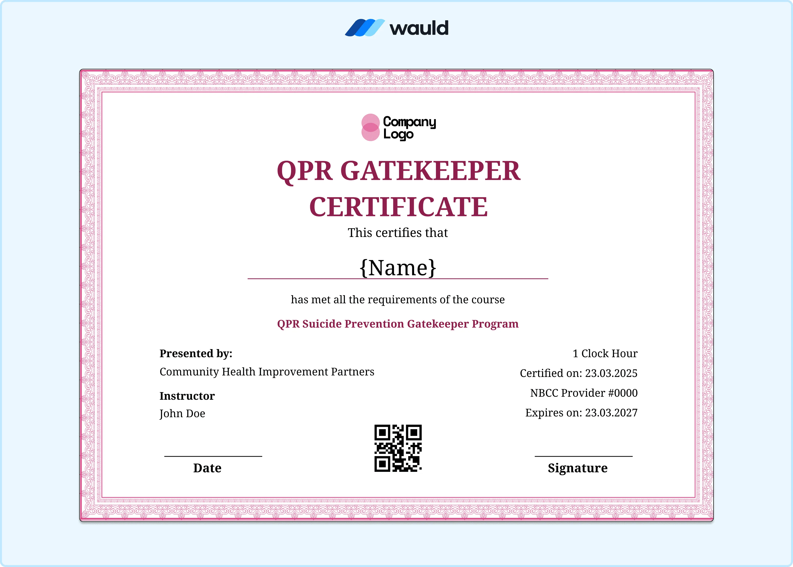 Ornate pink bordered QPR Suicide Prevention Gatekeeper certificate template with delicate decorative detailing, recipient name field, instructor details, certified date, expiry date, NBCC Provider number, QR code, and signature line