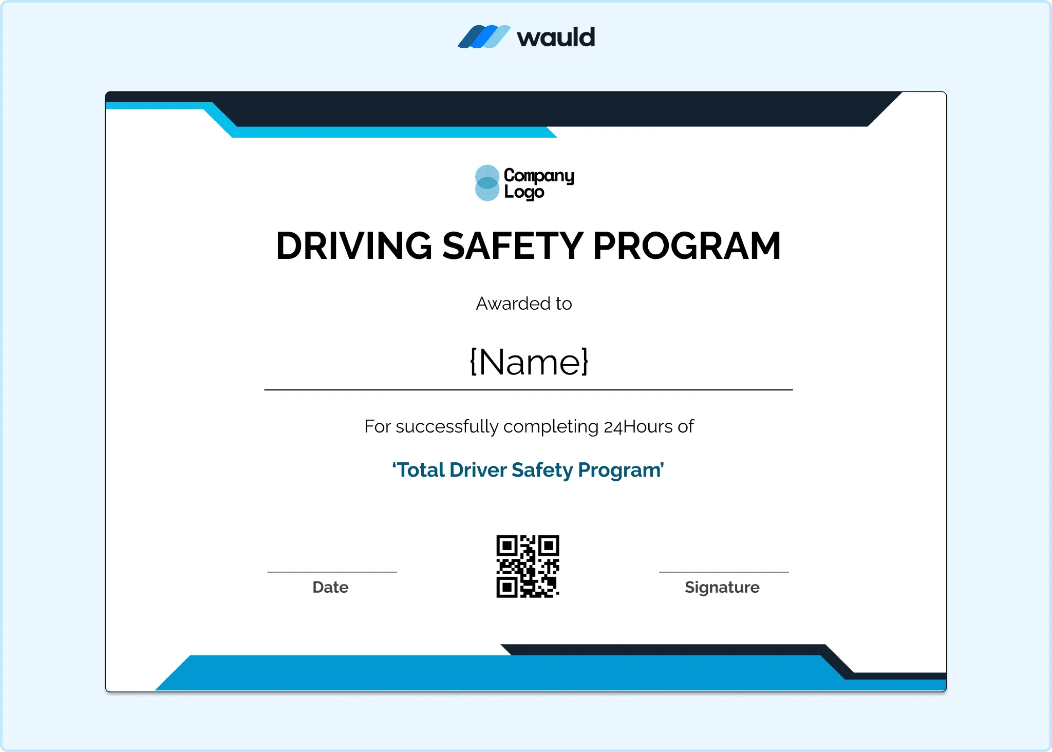 Deep navy driving safety program certificate template with clean white typography, recipient name field, course details, certification information, expiry date, and QR code