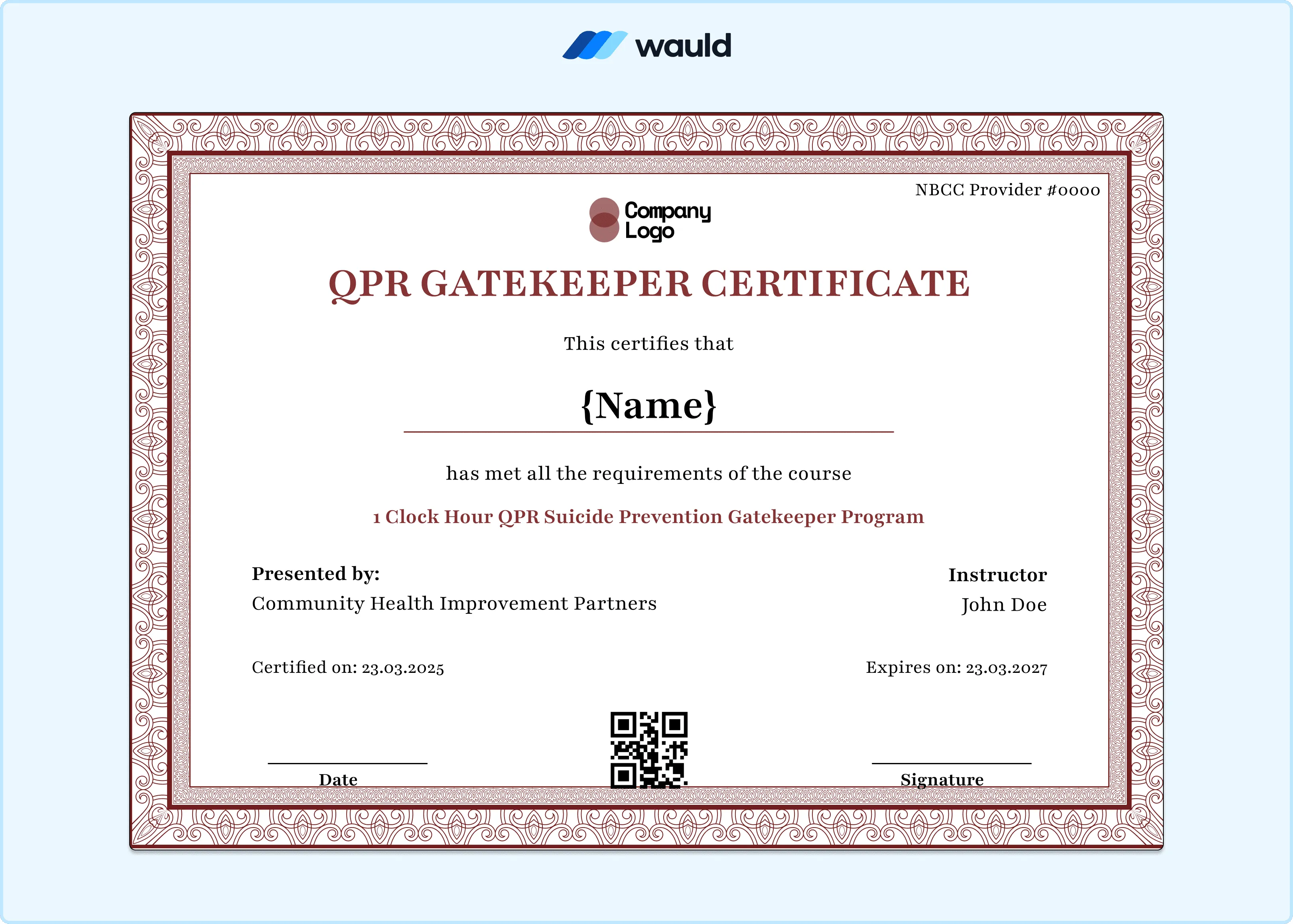 Bold dark red QPR Gatekeeper certificate template with white typography, recipient name field, instructor details, Community Health Improvement Partners presenter information, certified date, expiry date, NBCC Provider number, and QR code