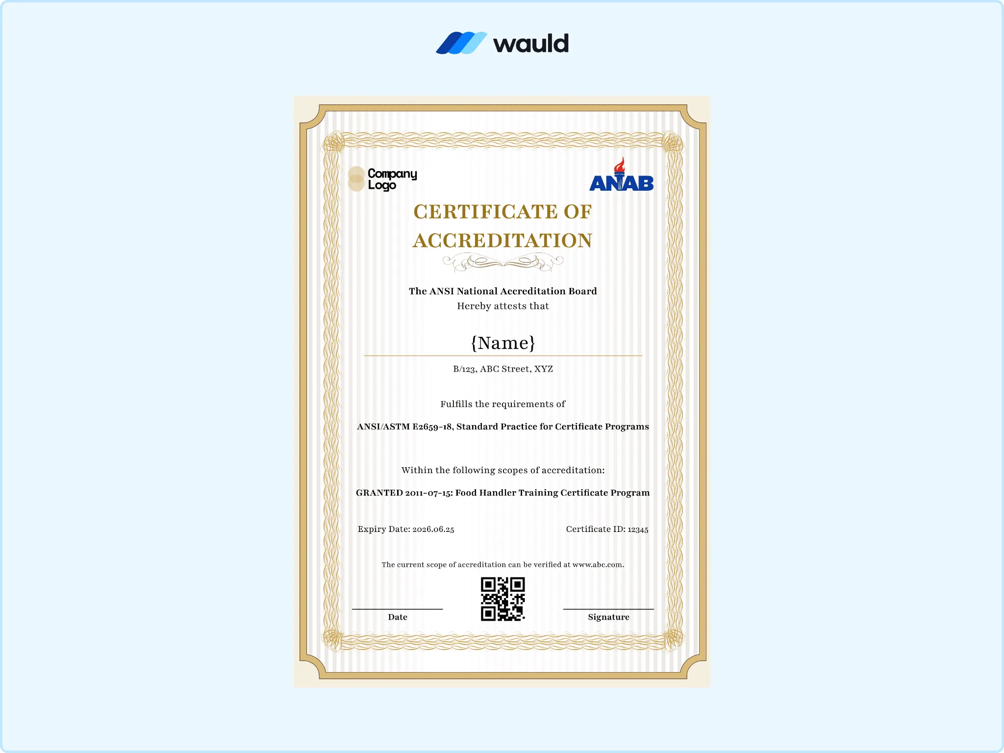 Rich gold ornamental bordered certificate of accreditation template with recipient name field, accrediting board details, standard practice reference, granted scope, certificate ID, expiry date, QR code, and signature line
