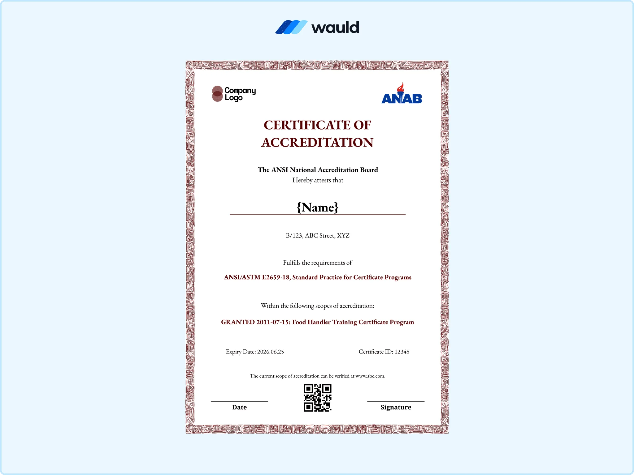 Soft pink bordered certificate of accreditation template with recipient name field, accrediting board details, standard practice reference, granted scope, certificate ID, expiry date, QR code, and signature line
