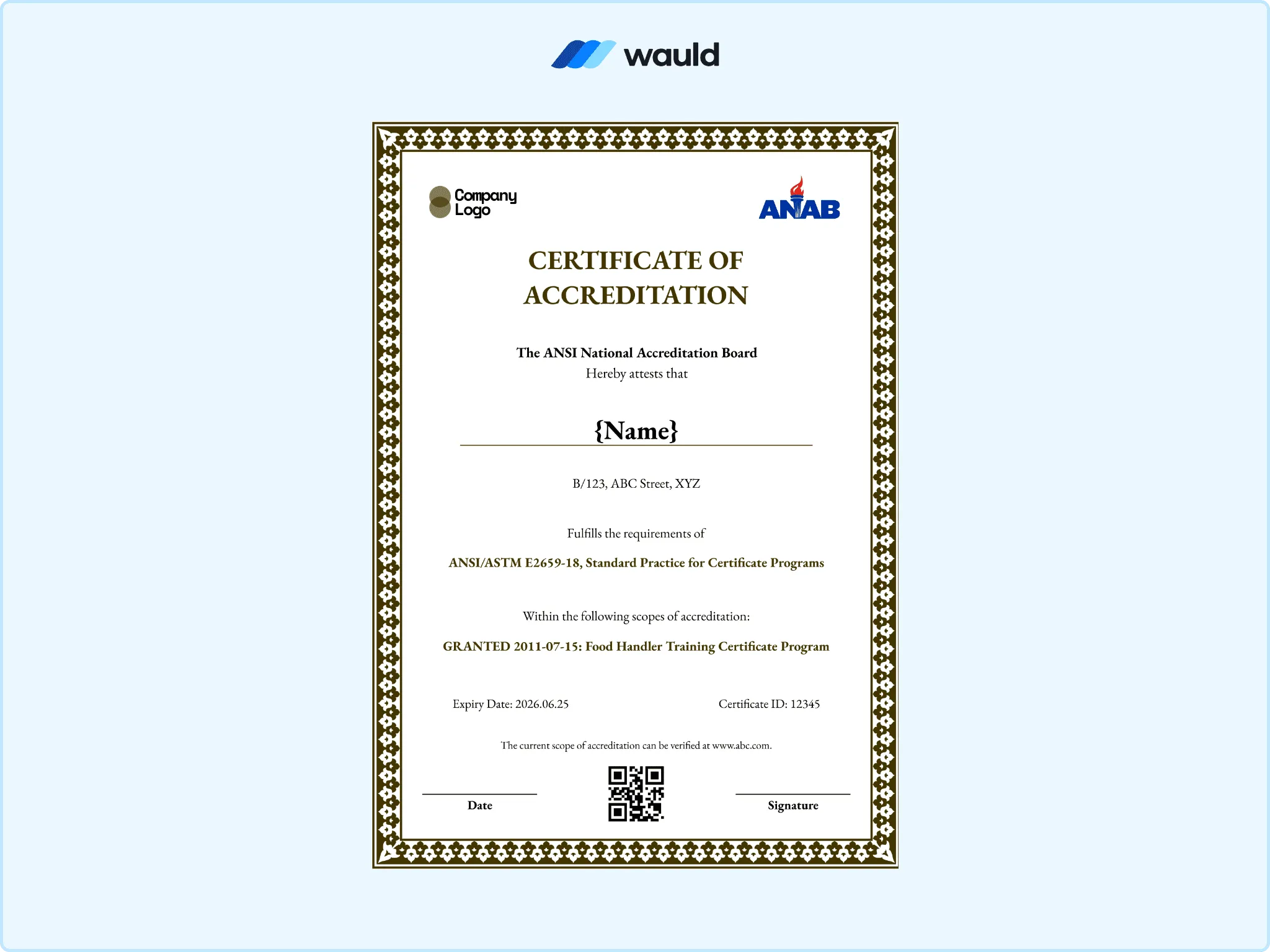 Gold geometric bordered certificate of accreditation template with recipient name field, accrediting board details, standard practice reference, granted scope, certificate ID, expiry date, QR code, and signature line