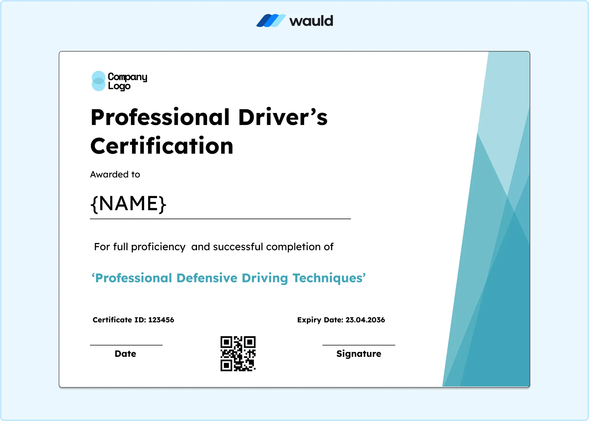 Professional driver's certification template with soft teal tones, clean white layout, recipient name field, certificate ID, course dates, expiry date, and QR code