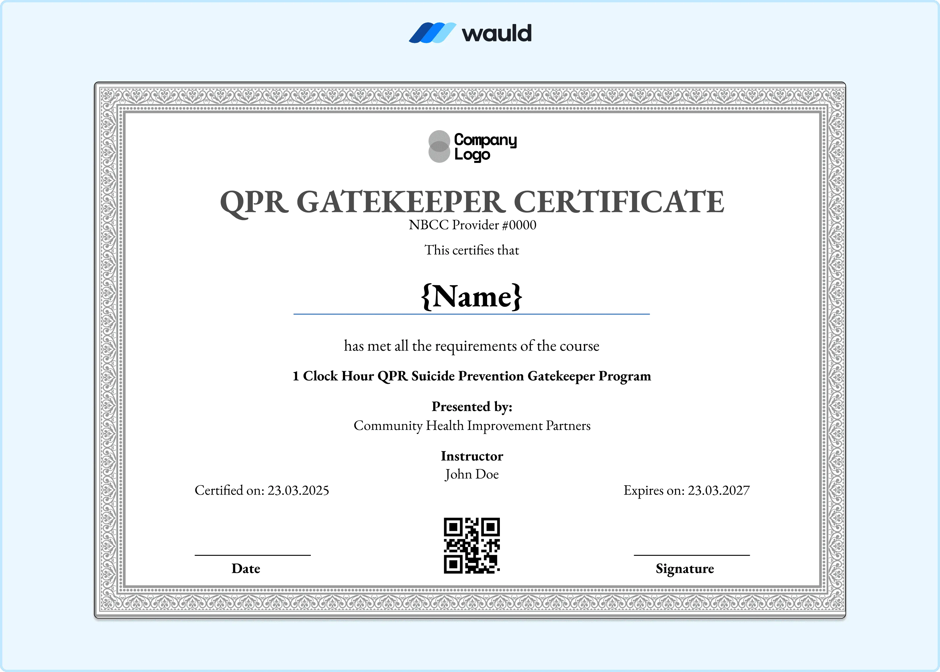 Formal gray ornate bordered QPR Gatekeeper certificate template with intricate decorative detailing, recipient name field, instructor credentials, certified date, expiry date, NBCC Provider number, QR code, and signature line