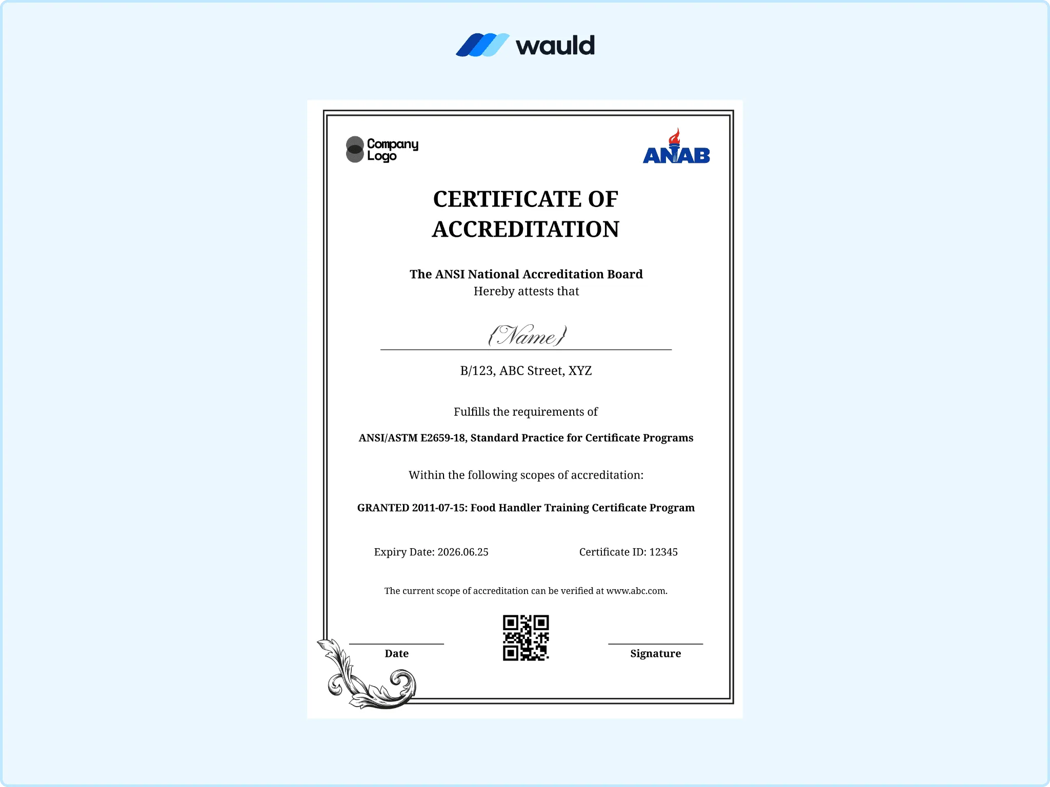Soft pink bordered certificate of accreditation template with recipient name field, accrediting board details, standard practice reference, granted scope, certificate ID, expiry date, QR code, and signature line