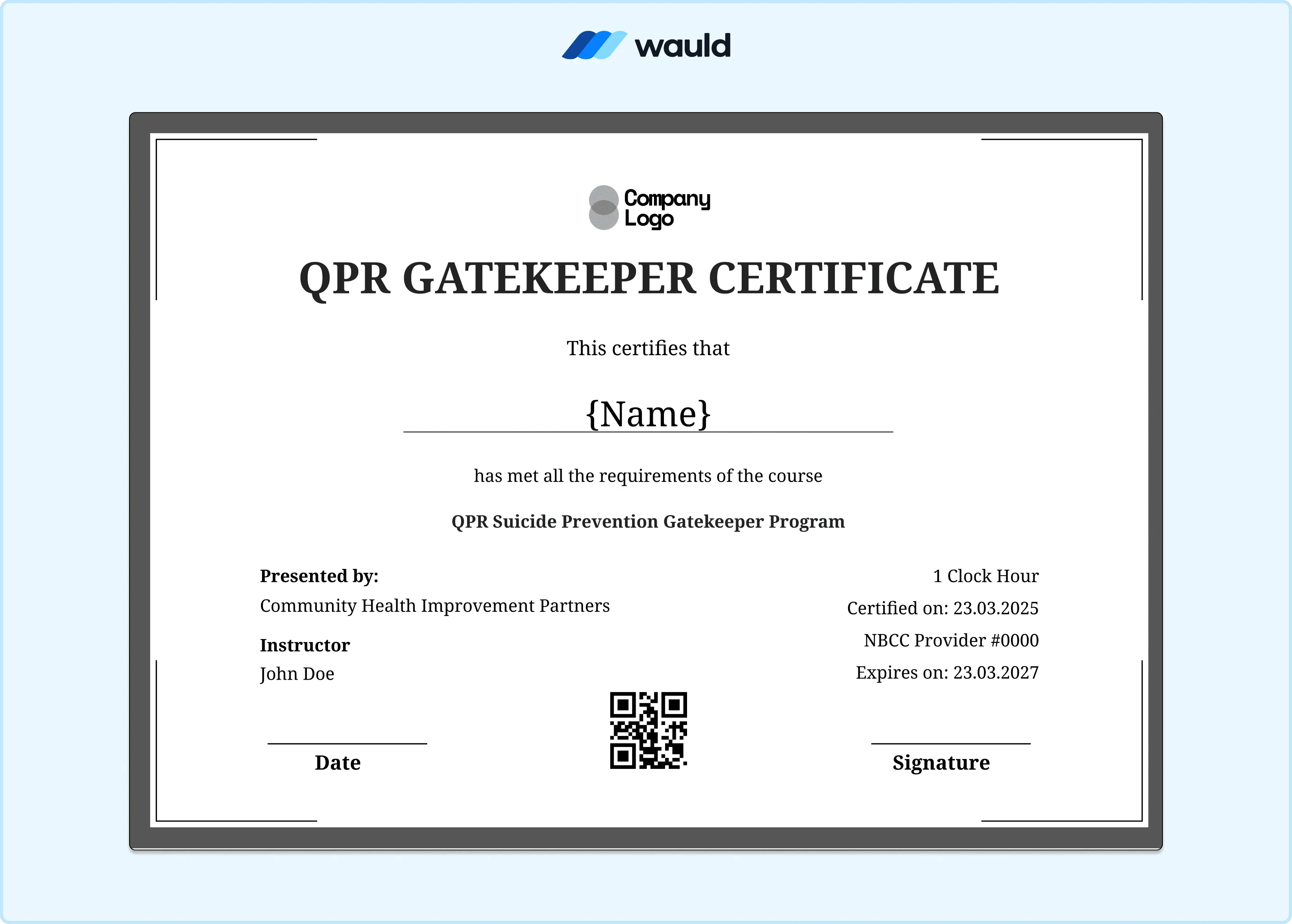 Gray accented QPR Gatekeeper certificate template with clean white layout, recipient name field, instructor details, Community Health Improvement Partners presenter information, certified date, expiry date, NBCC Provider number, and QR code