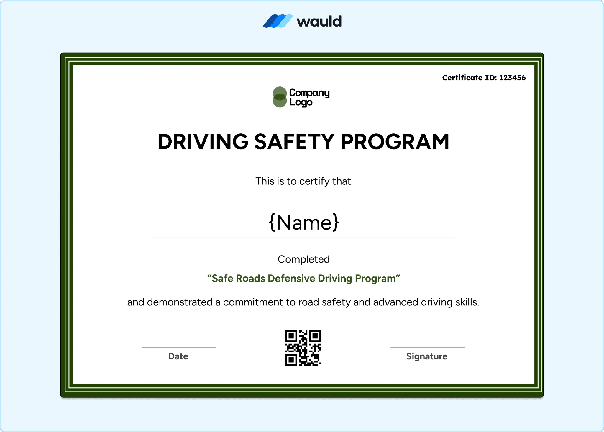Driving safety program certificate with bold green border framing, clean white layout, recipient name field, course completion details, certification information, and QR code