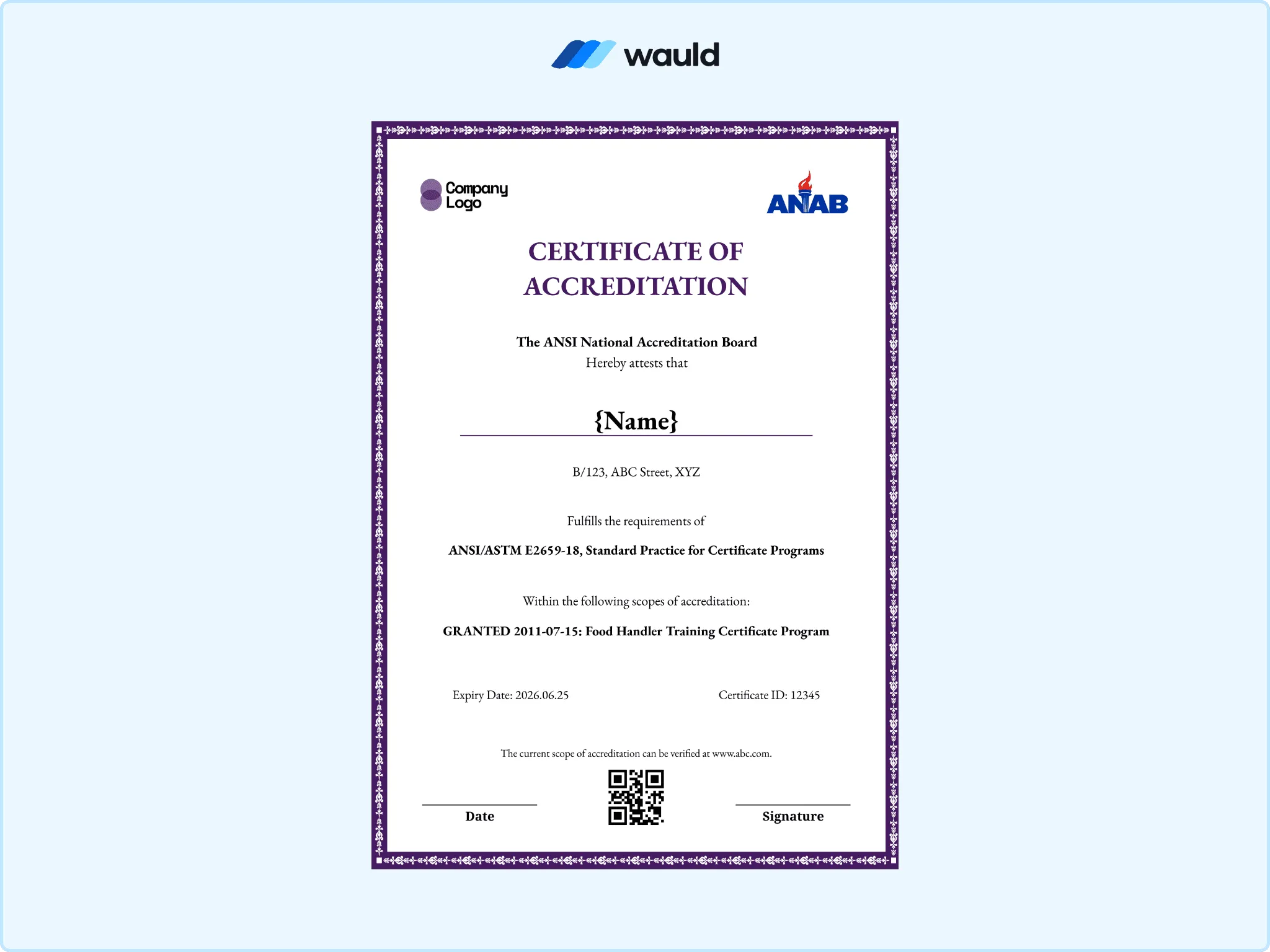 Bold purple bordered certificate of accreditation template with recipient name field, accrediting board name, standard practice reference, granted accreditation scope, certificate ID, expiry date, and QR code