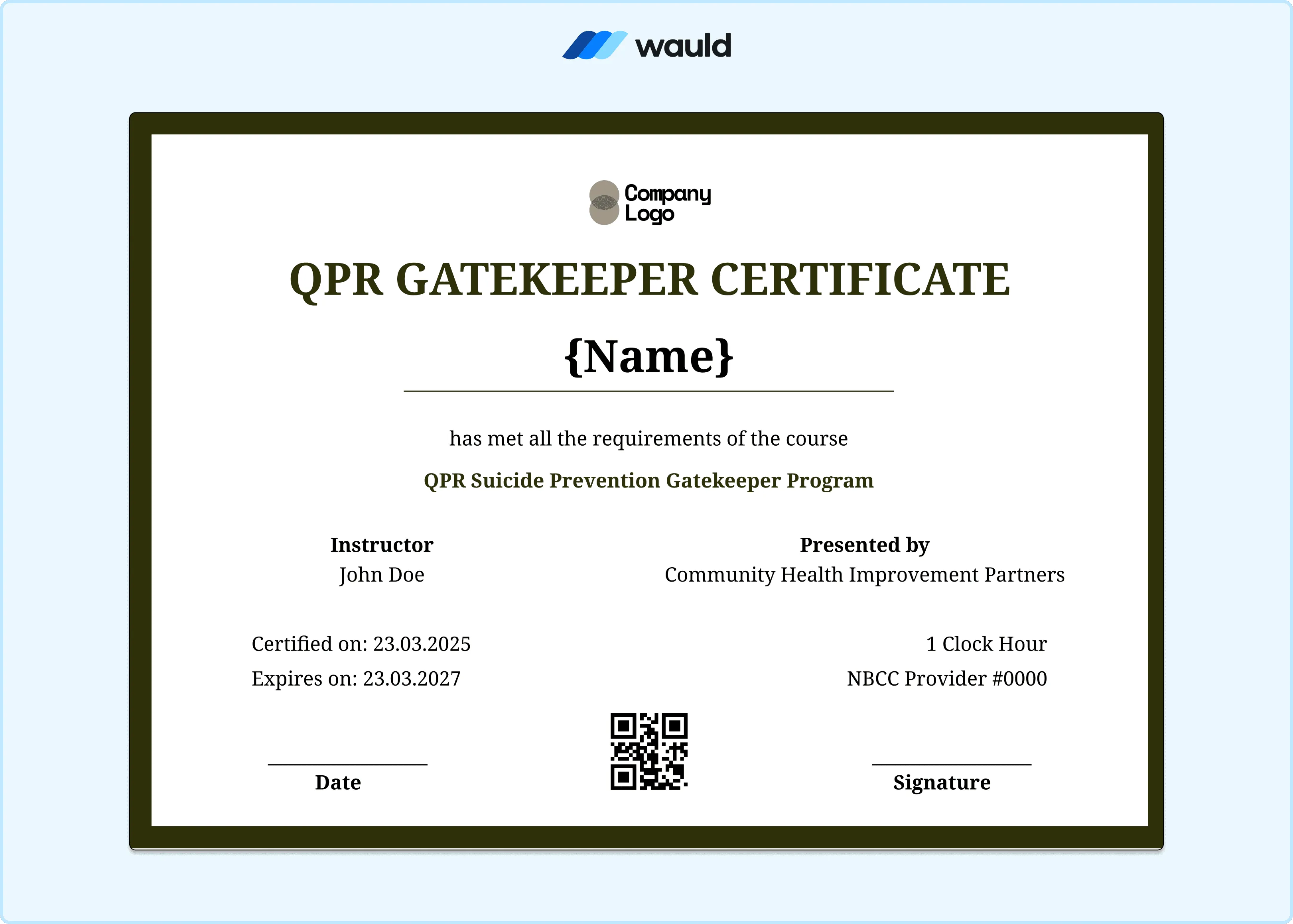 Minimal white QPR Gatekeeper certificate template with clean understated layout, recipient name field, instructor credentials, certified date, expiry date, NBCC Provider number, QR code, and signature line