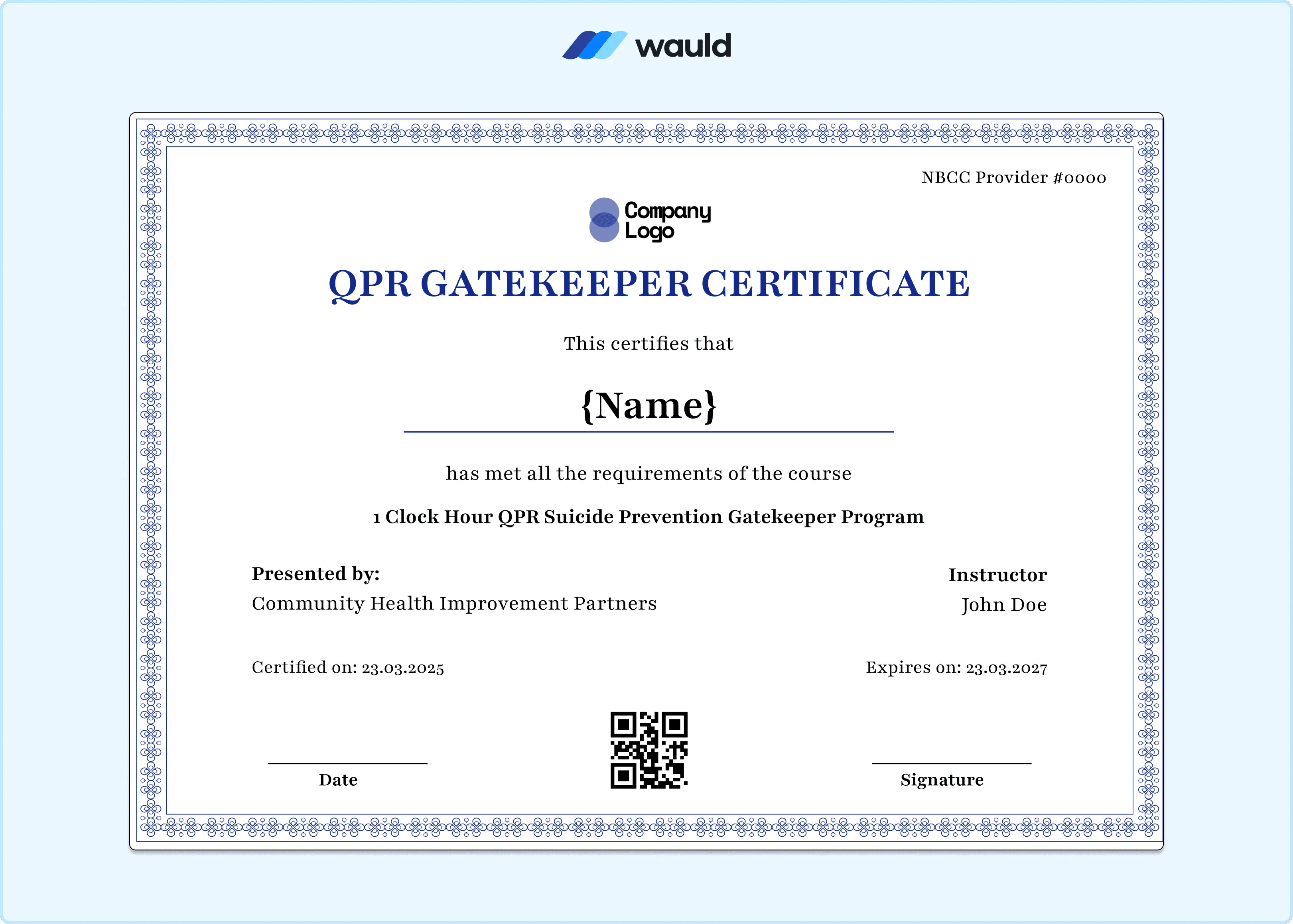 Bold blue patterned QPR Gatekeeper certificate template with clean white interior, recipient name field, instructor details, certified date, expiry date, NBCC Provider number, QR code, and signature line