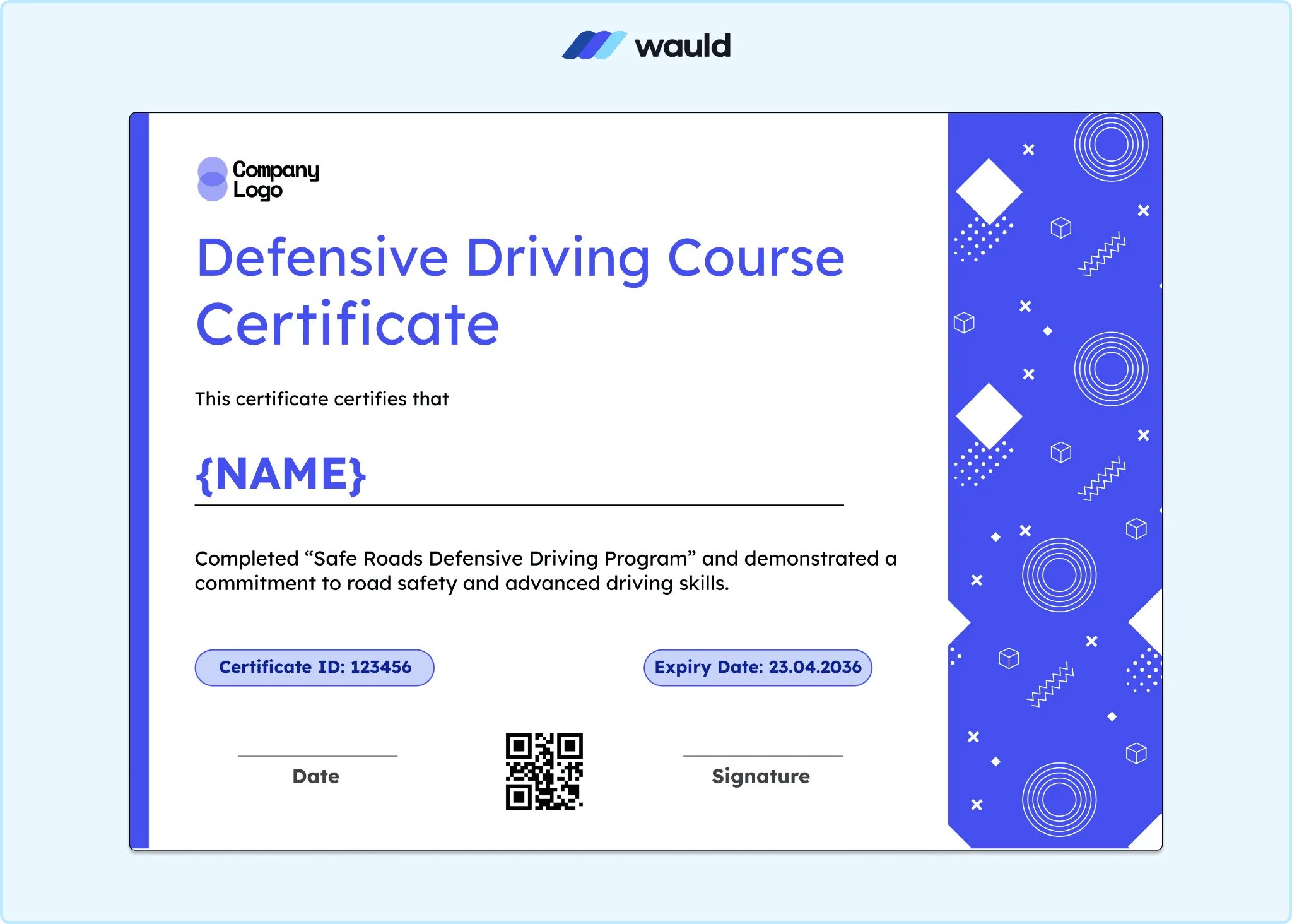 Bold blue defensive driving course certificate with diamond pattern accents, recipient name field, certificate ID, expiry date, QR code, and signature line for Safe Roads program completion