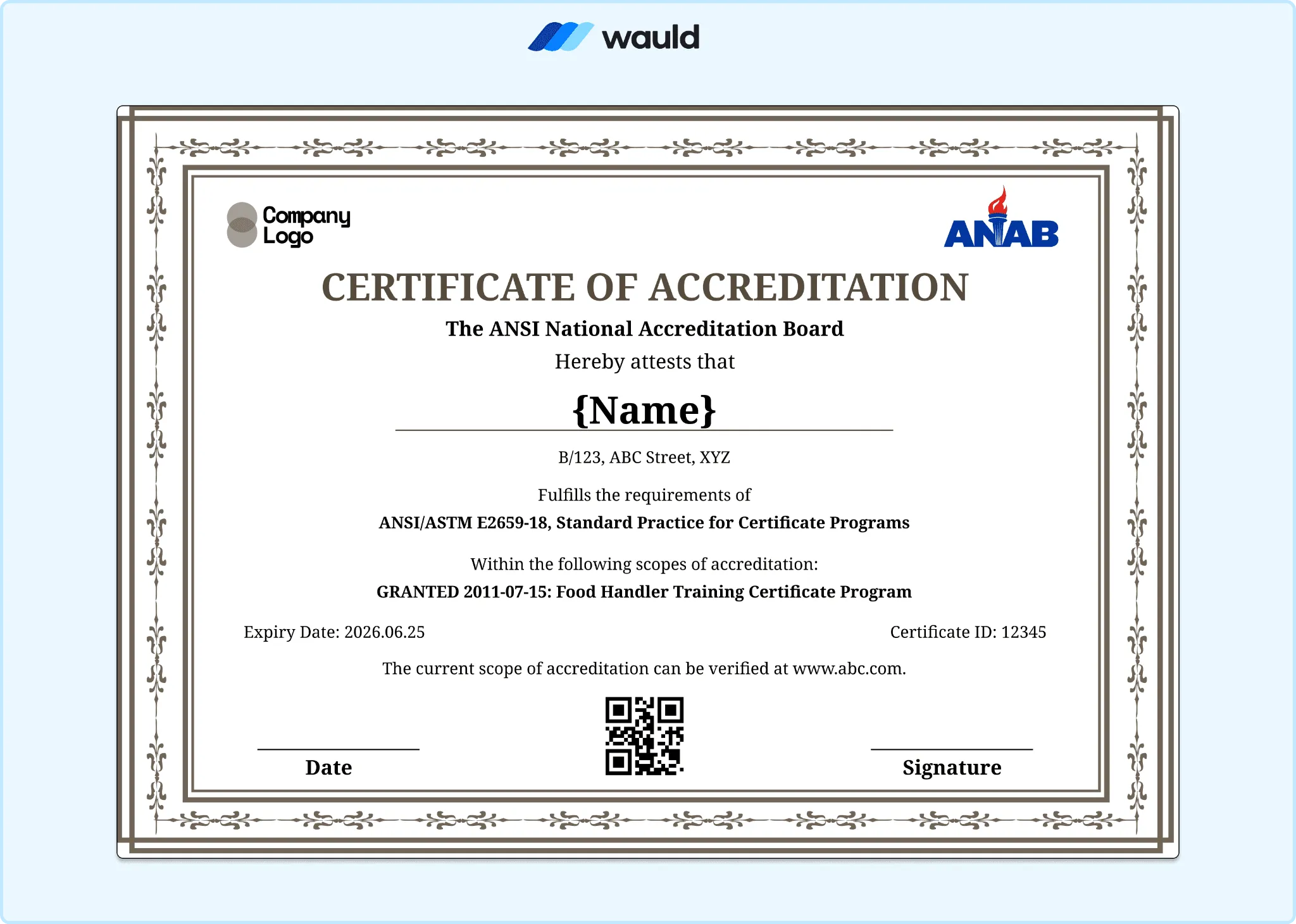 Black and white bordered certificate of accreditation template with recipient name field, accrediting board details, standard practice reference, granted scope, expiry date, certificate ID, QR code, and signature line