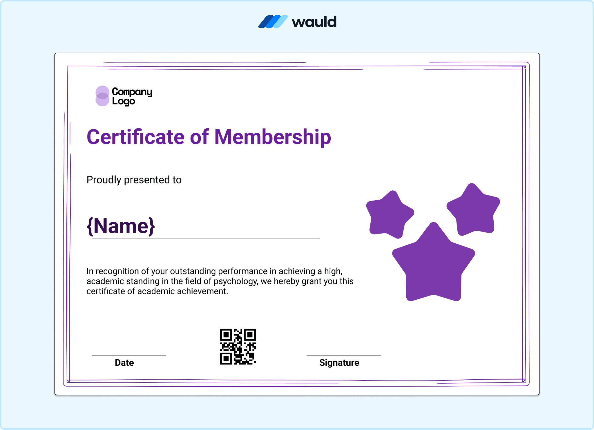 purple star certificate of membership template with ornate border detailing, member name field, achievement description, date, QR code, and signature line