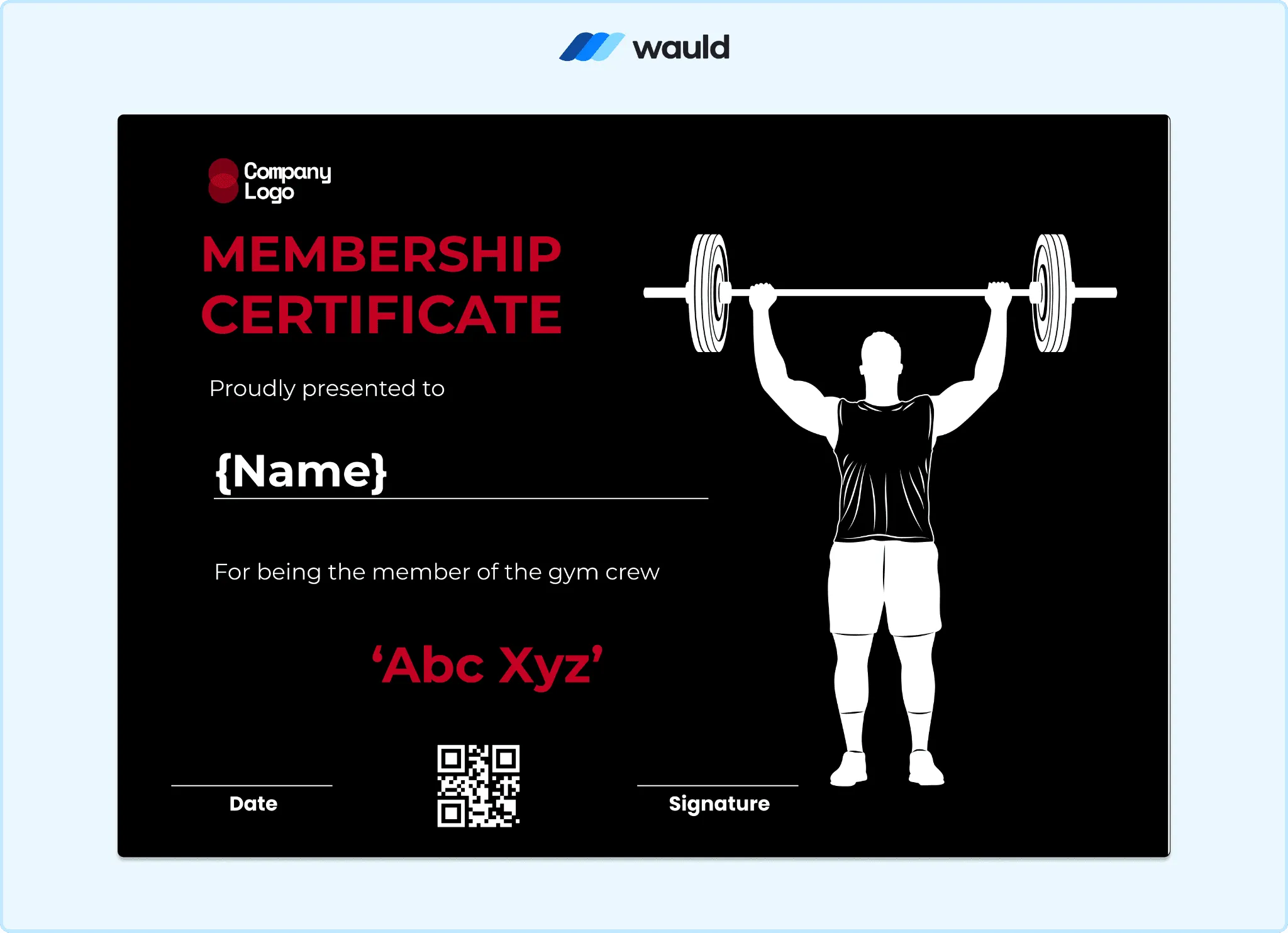 Black membership certificate template with bold athlete silhouette illustration, member name field, gym name, date, QR code, and signature line