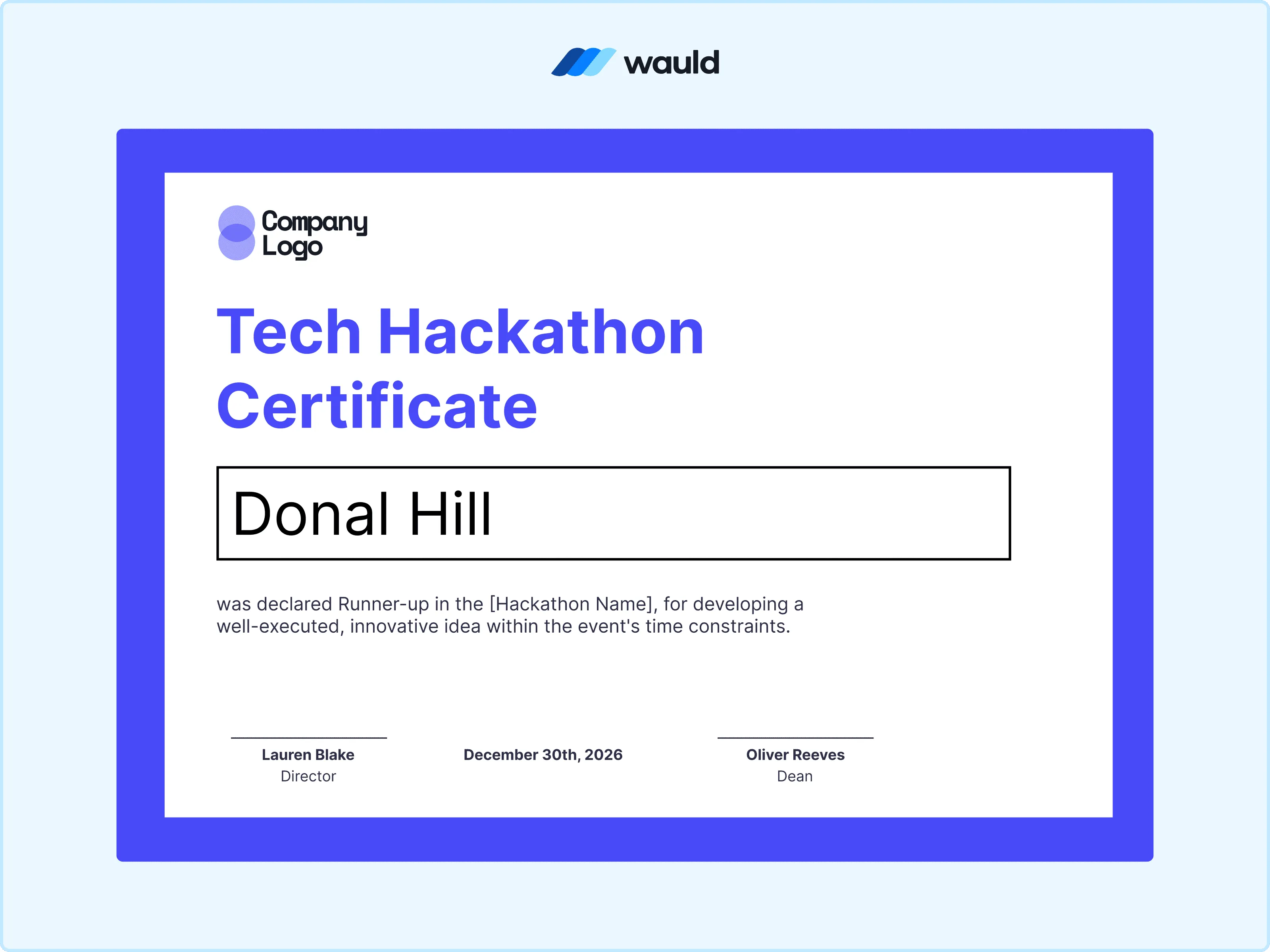 Minimal color-blocked hackathon runner-up certificate template