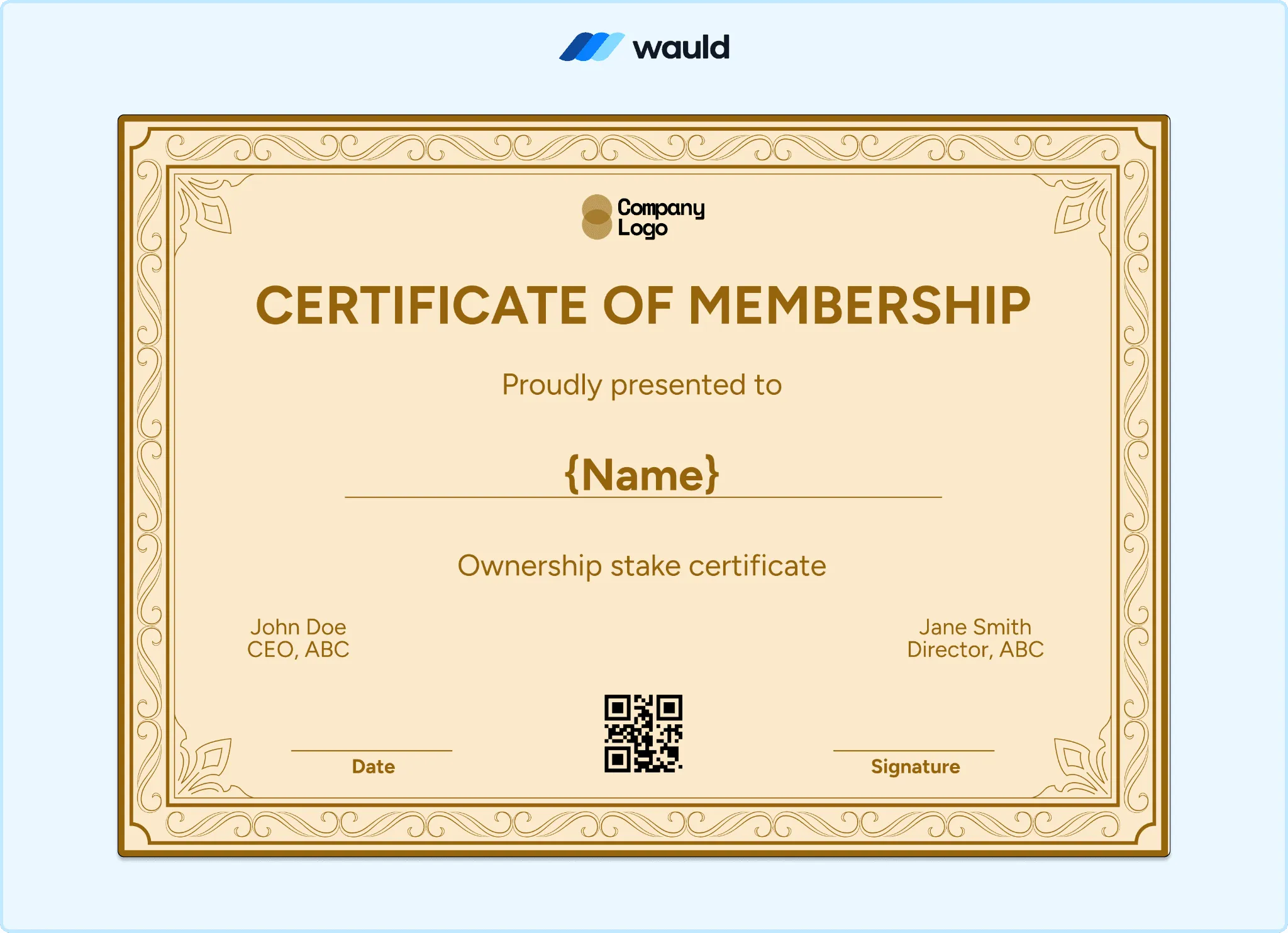 Gold ornate certificate of membership template with decorative border, member name field, ownership stake details, dual signature lines, and QR code