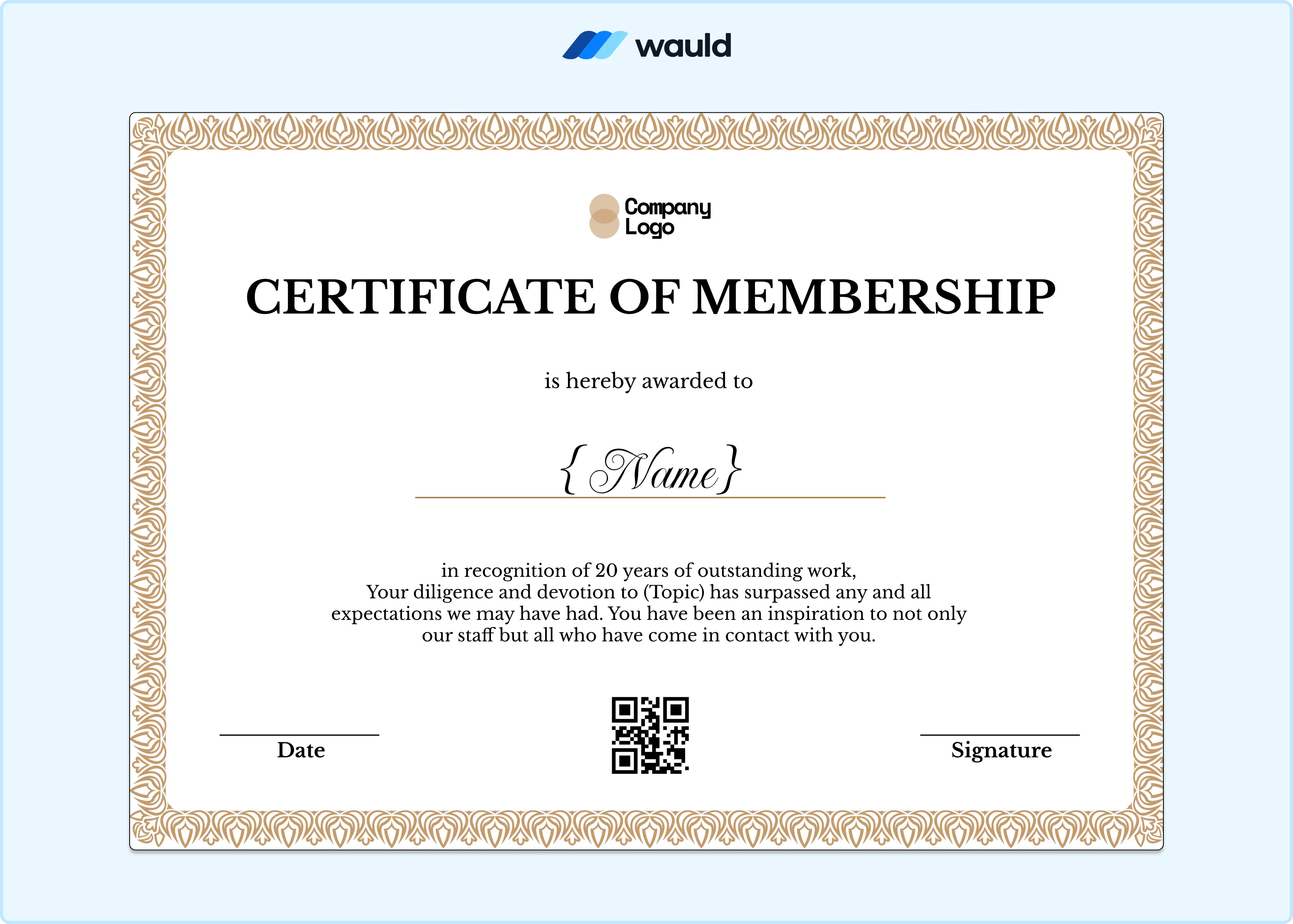 Gold ornate membership certificate template with rich decorative border, member name field, recognition details for years of outstanding work, date, QR code, and signature line