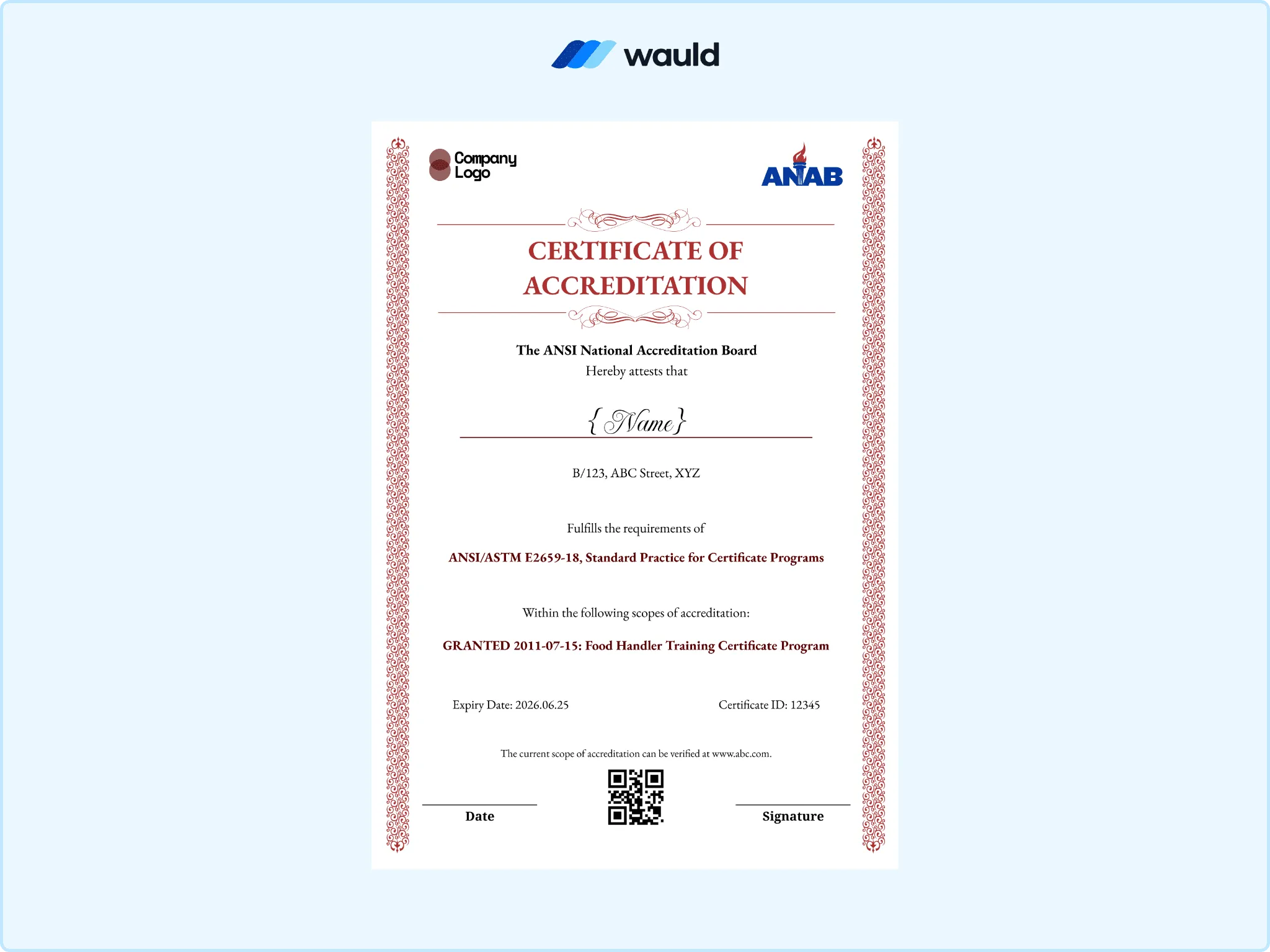 Red lace-style bordered certificate of accreditation template with recipient name field, accrediting board details, standard practice reference, granted accreditation scope, certificate ID, expiry date, and QR code