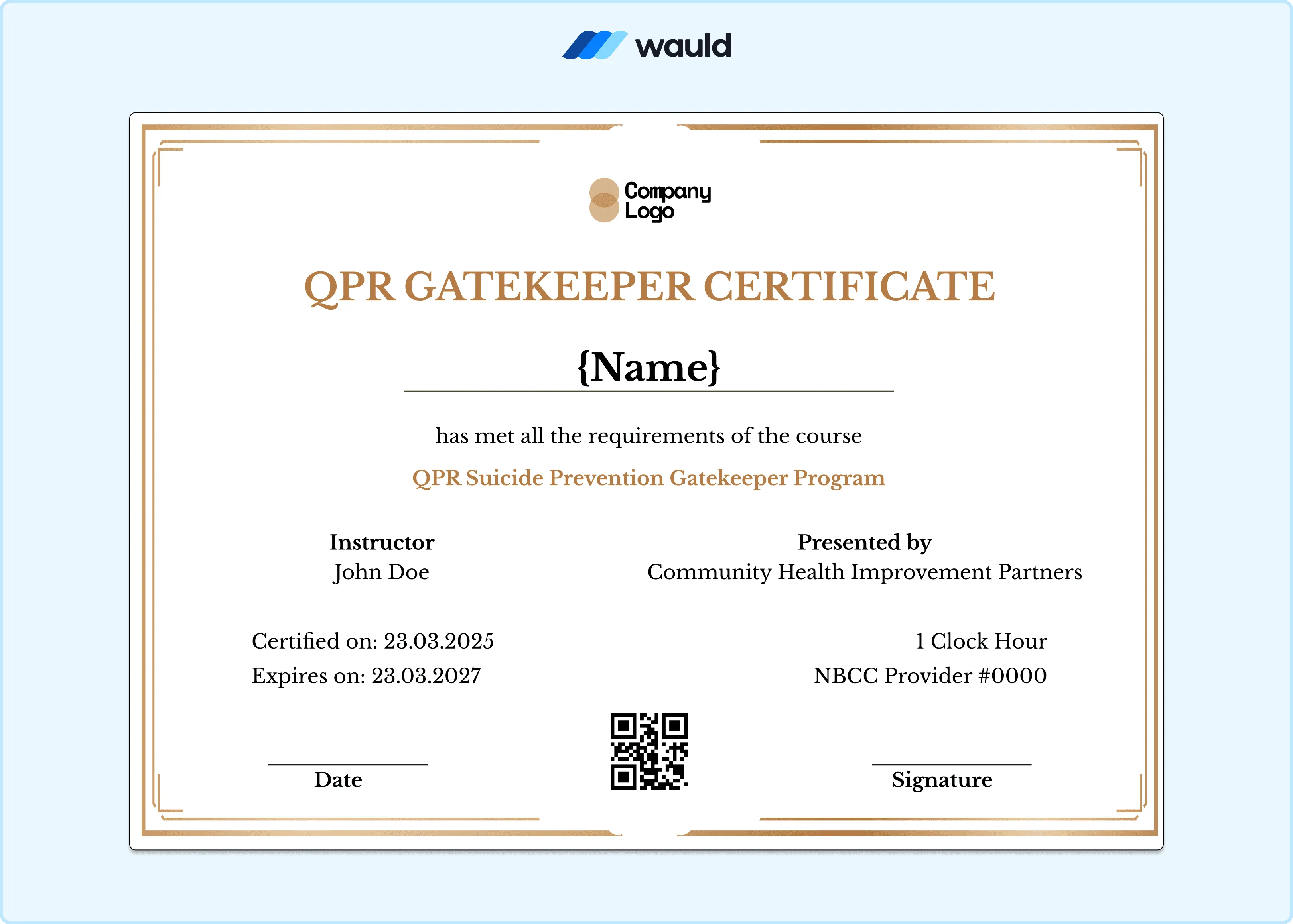 Warm gold typography QPR Gatekeeper certificate template with clean white layout, recipient name field, instructor credentials, Community Health Improvement Partners details, certified date, expiry date, NBCC Provider number, QR code, and signature line