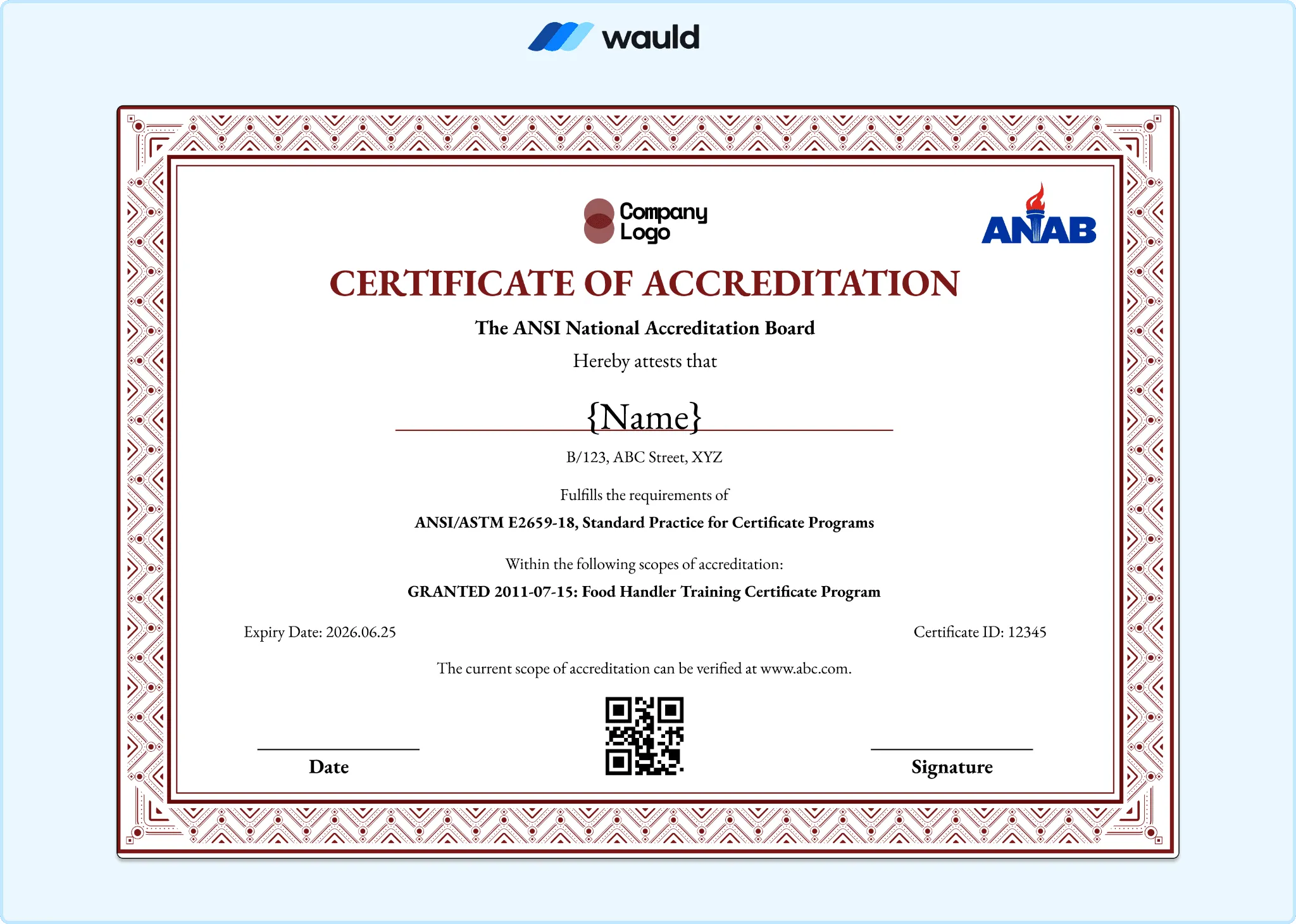 Red ornamental bordered certificate of accreditation template with recipient name field, accrediting board information, standard practice reference, scope of accreditation, certificate ID, expiry date, QR code, and signature line