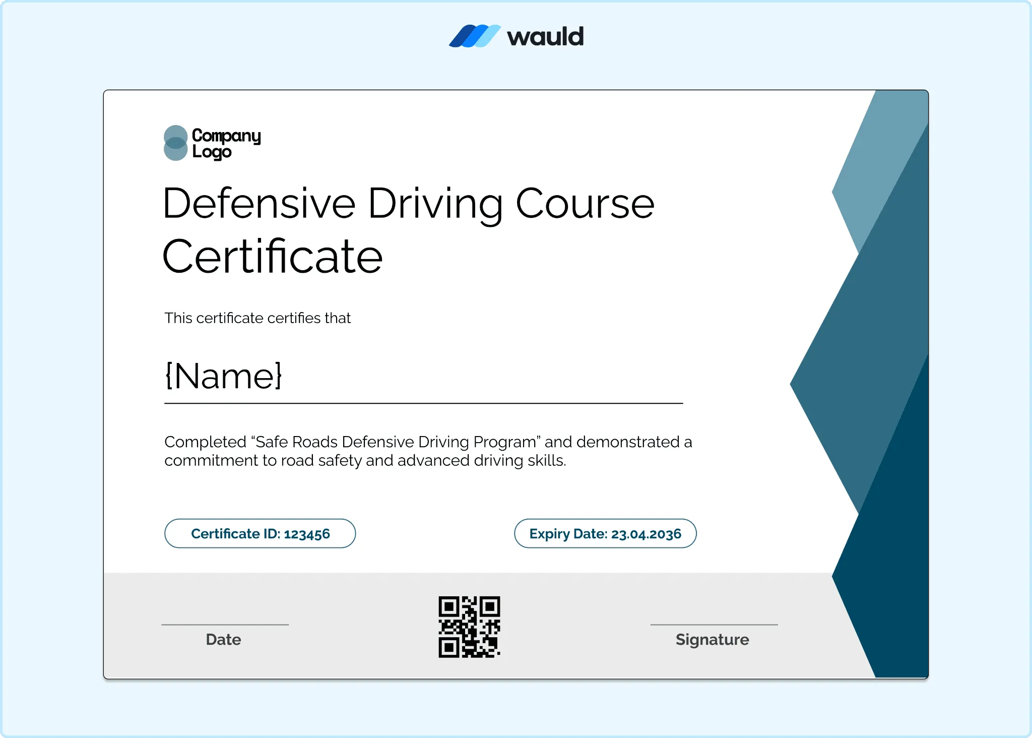 Minimal gray defensive driving course certificate template with clean white layout, recipient name field, certificate ID, expiry date, QR code, and signature line for Safe Roads program documentation