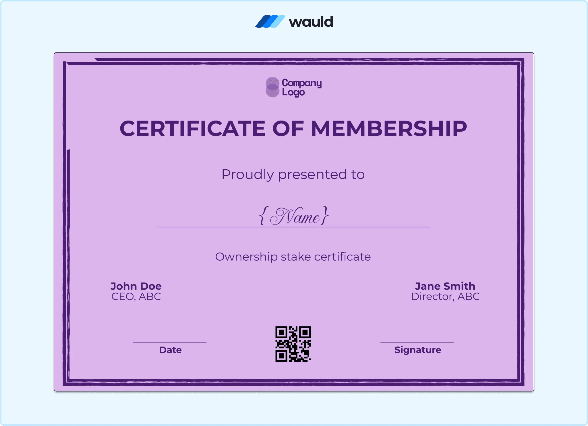 Purple certificate of membership template with clean layout, member name field, ownership stake details, dual CEO and director signature lines, and QR code