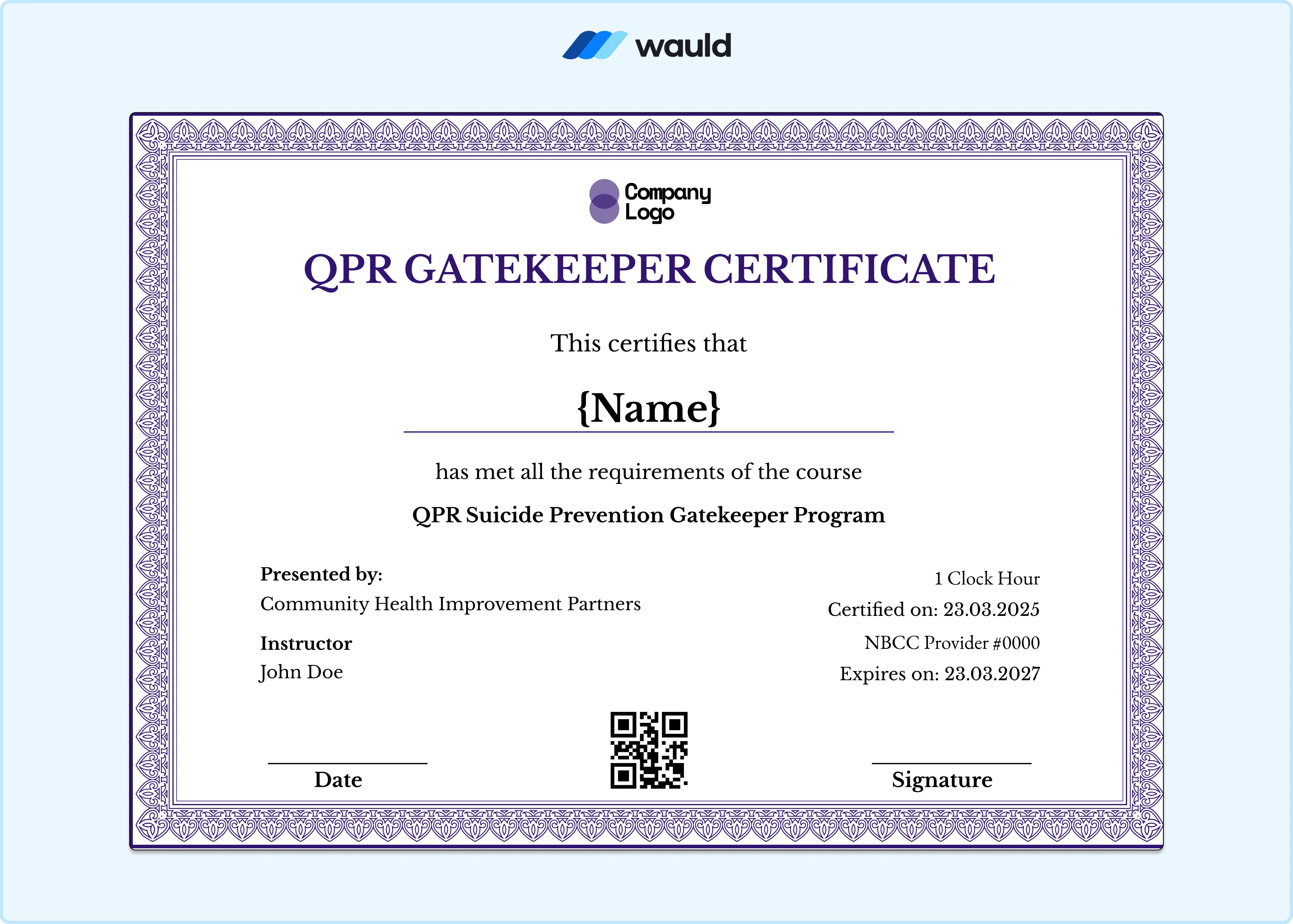 Purple cursive QPR Suicide Prevention Gatekeeper certificate template with flowing script typography, recipient name field, instructor details, certified date, expiry date, NBCC Provider number, QR code, and signature line