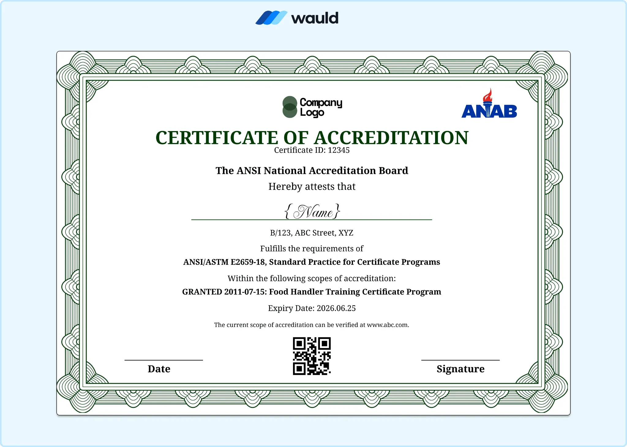 Green decorative bordered certificate of accreditation template with recipient name field, accrediting board details, standard practice reference, granted