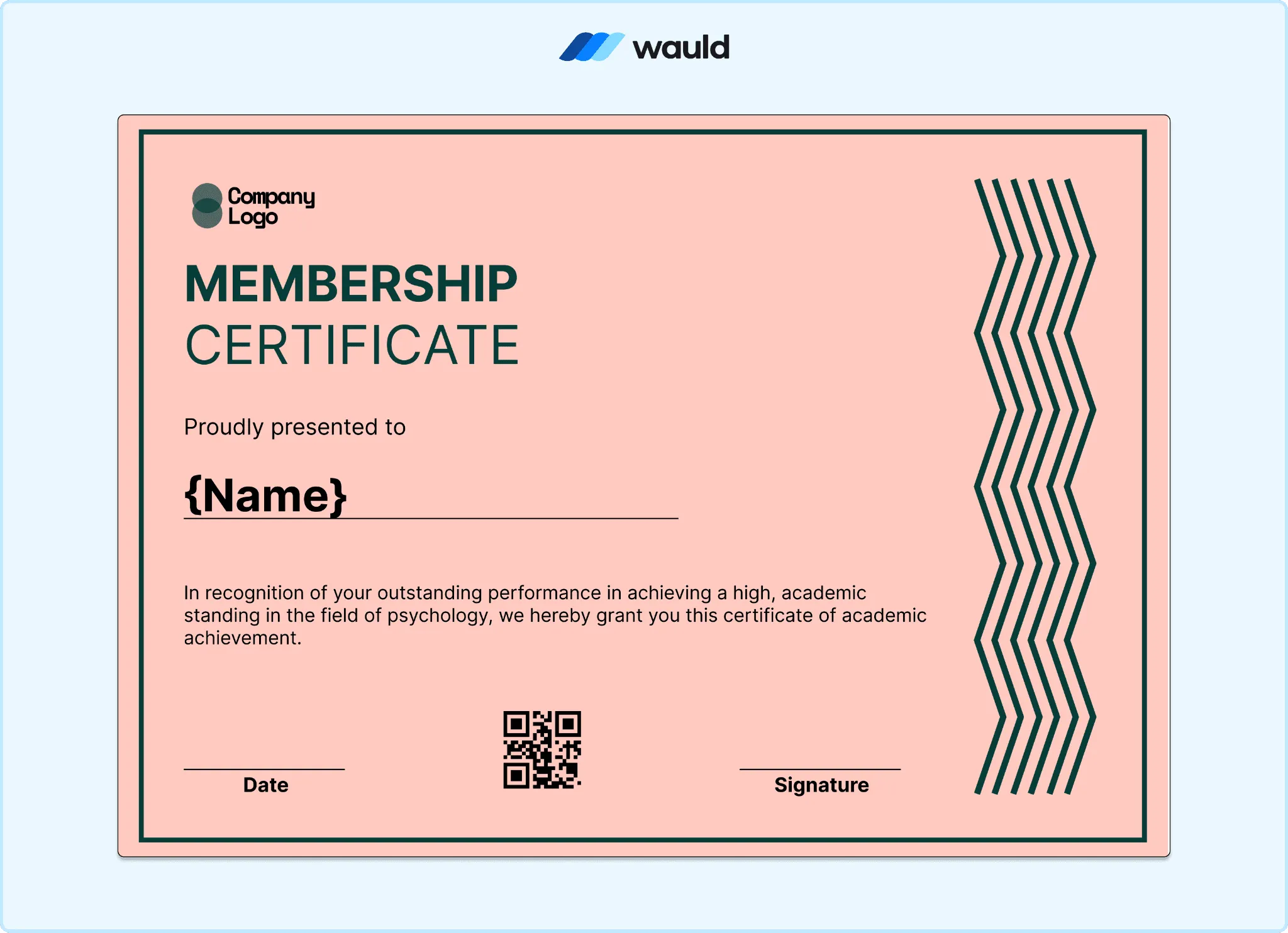 Peach and pink membership certificate template with wave accents, member name field, achievement description, date, QR code, and signature line