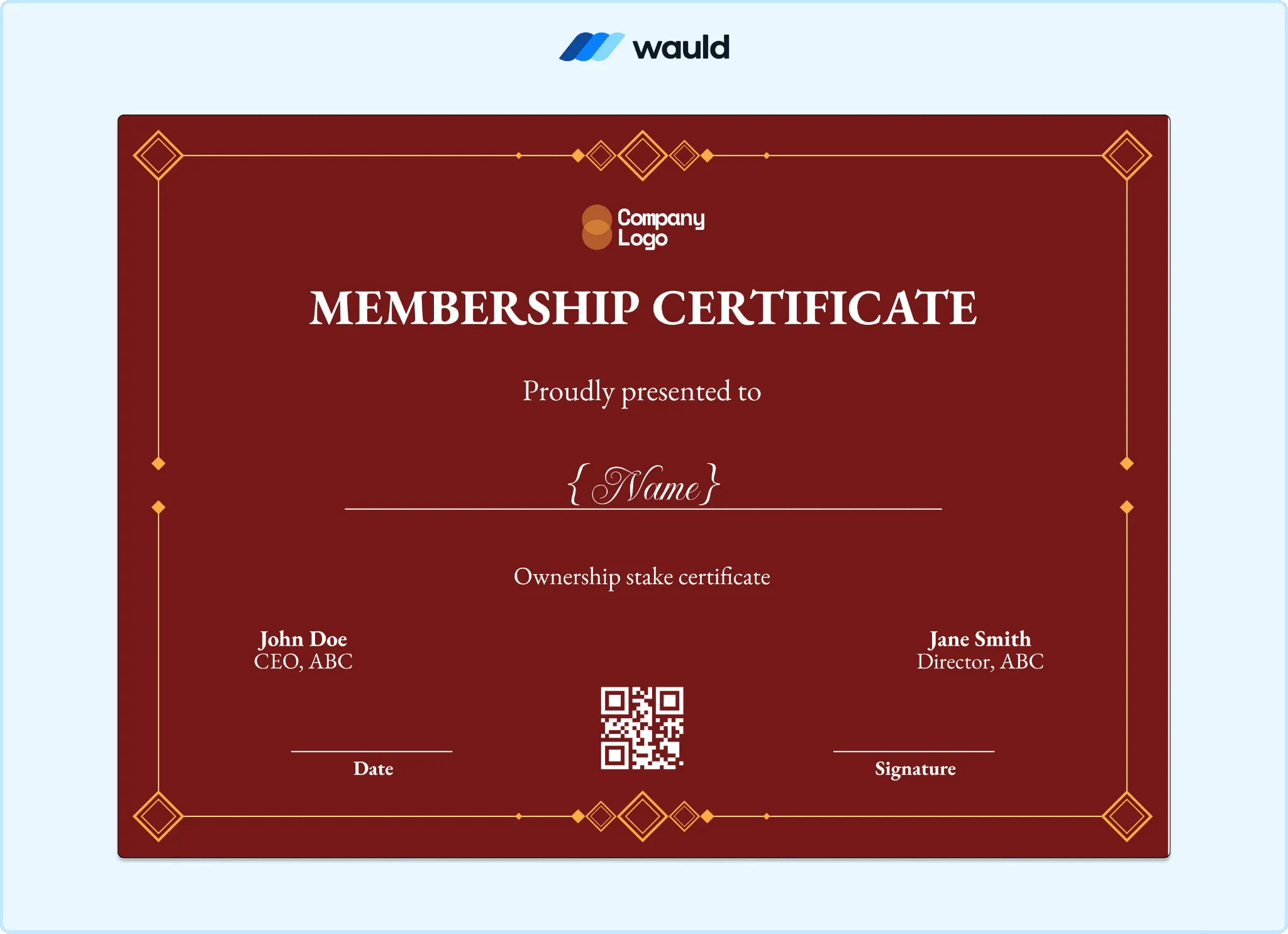 Dark red membership certificate template with diamond border detailing, member name field, ownership stake details, dual CEO and director signature lines, and QR code