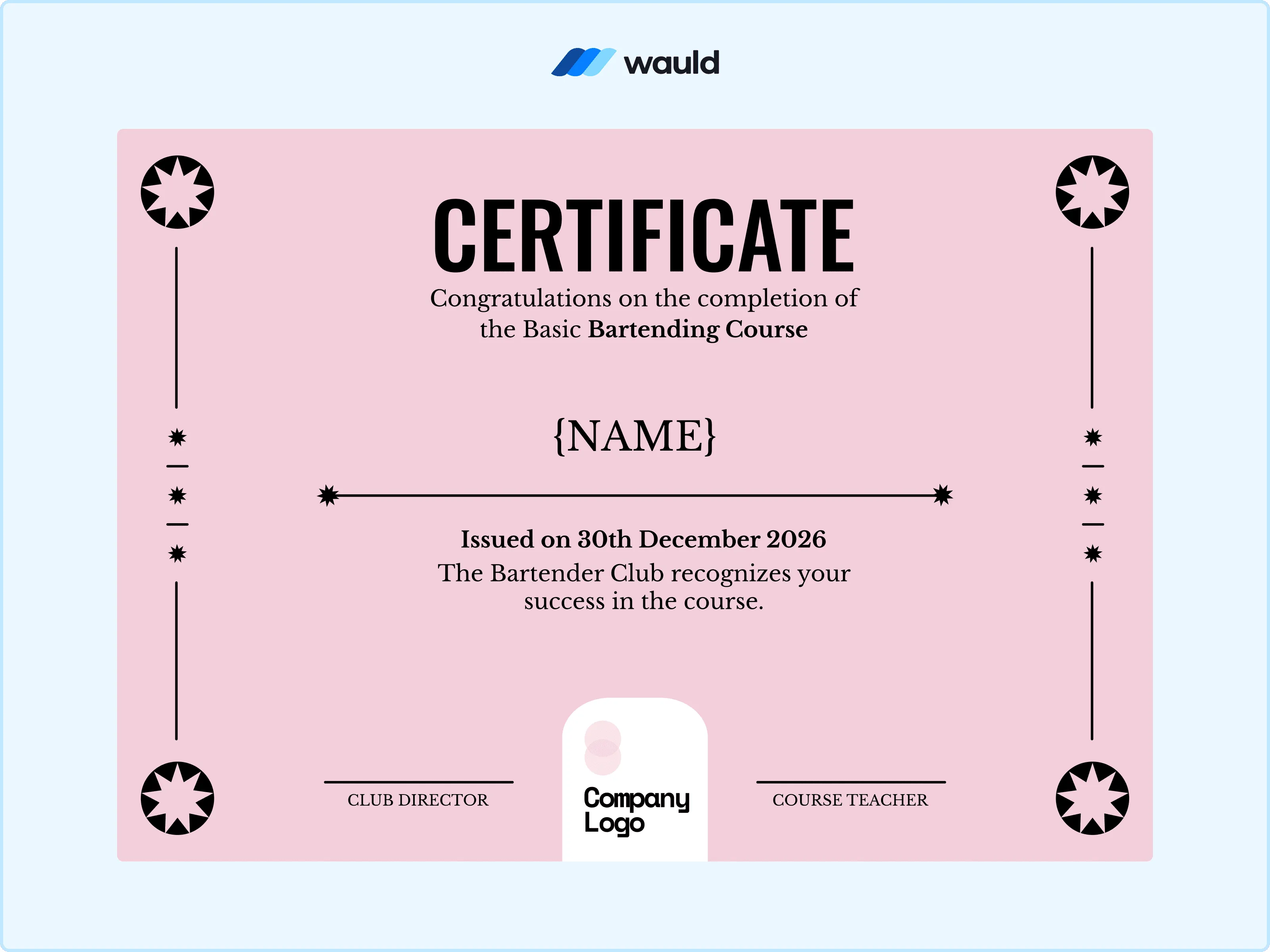 Pastel illustrated bartending course completion certificate template