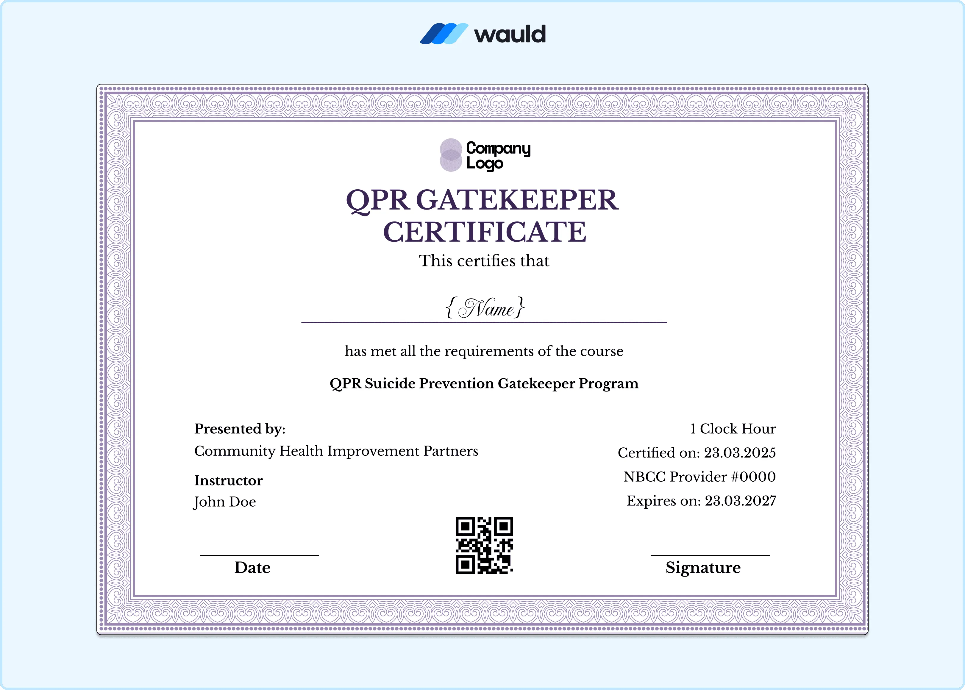Soft lavender QPR Gatekeeper certificate template with clean layout, recipient name field, instructor credentials, Community Health Improvement Partners details, certified date, expiry date, NBCC Provider number, and QR code