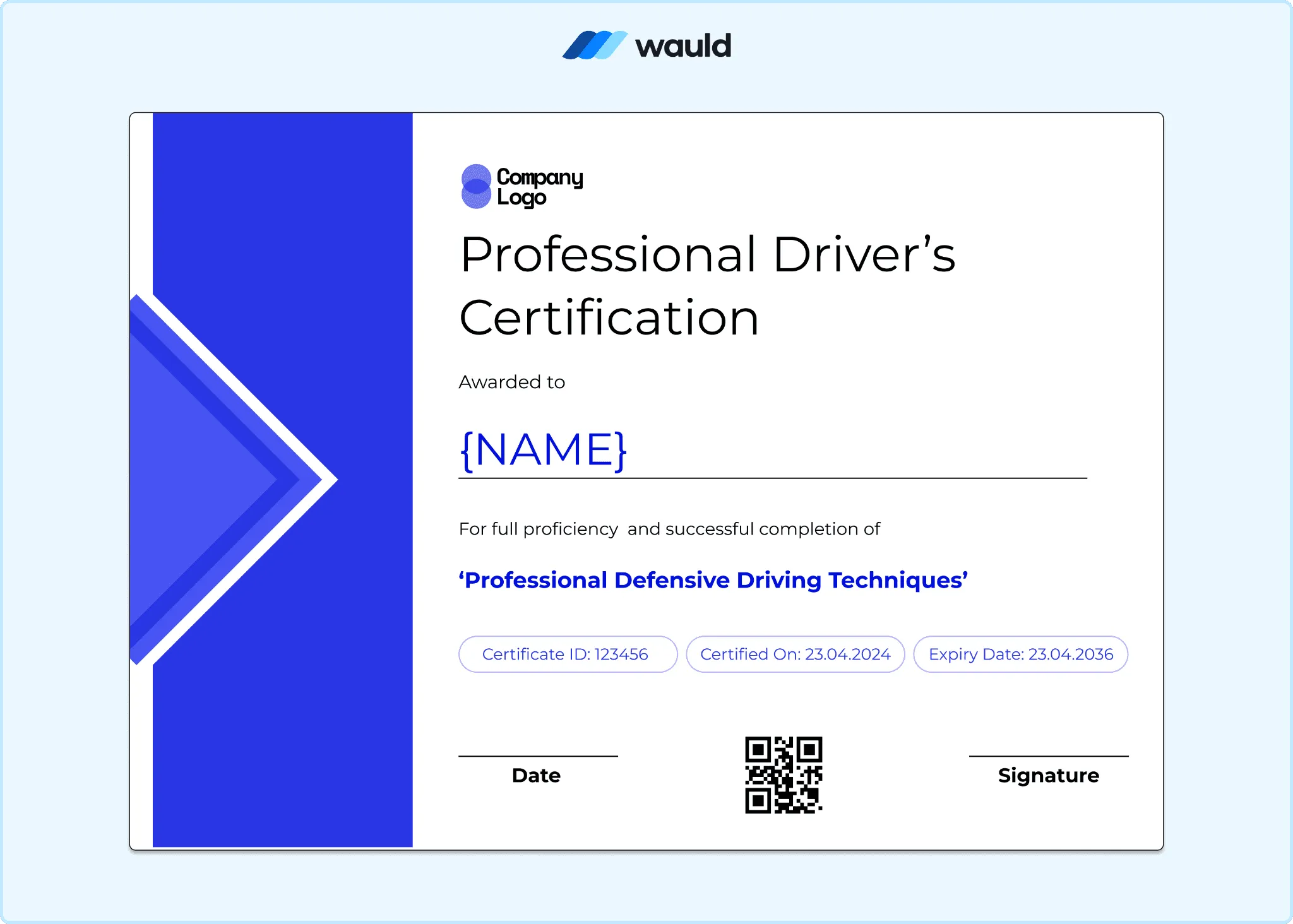 Professional driver's certification template with bold blue and red geometric shapes, recipient name field, certificate ID, course dates, expiry date, QR code, and signature line
