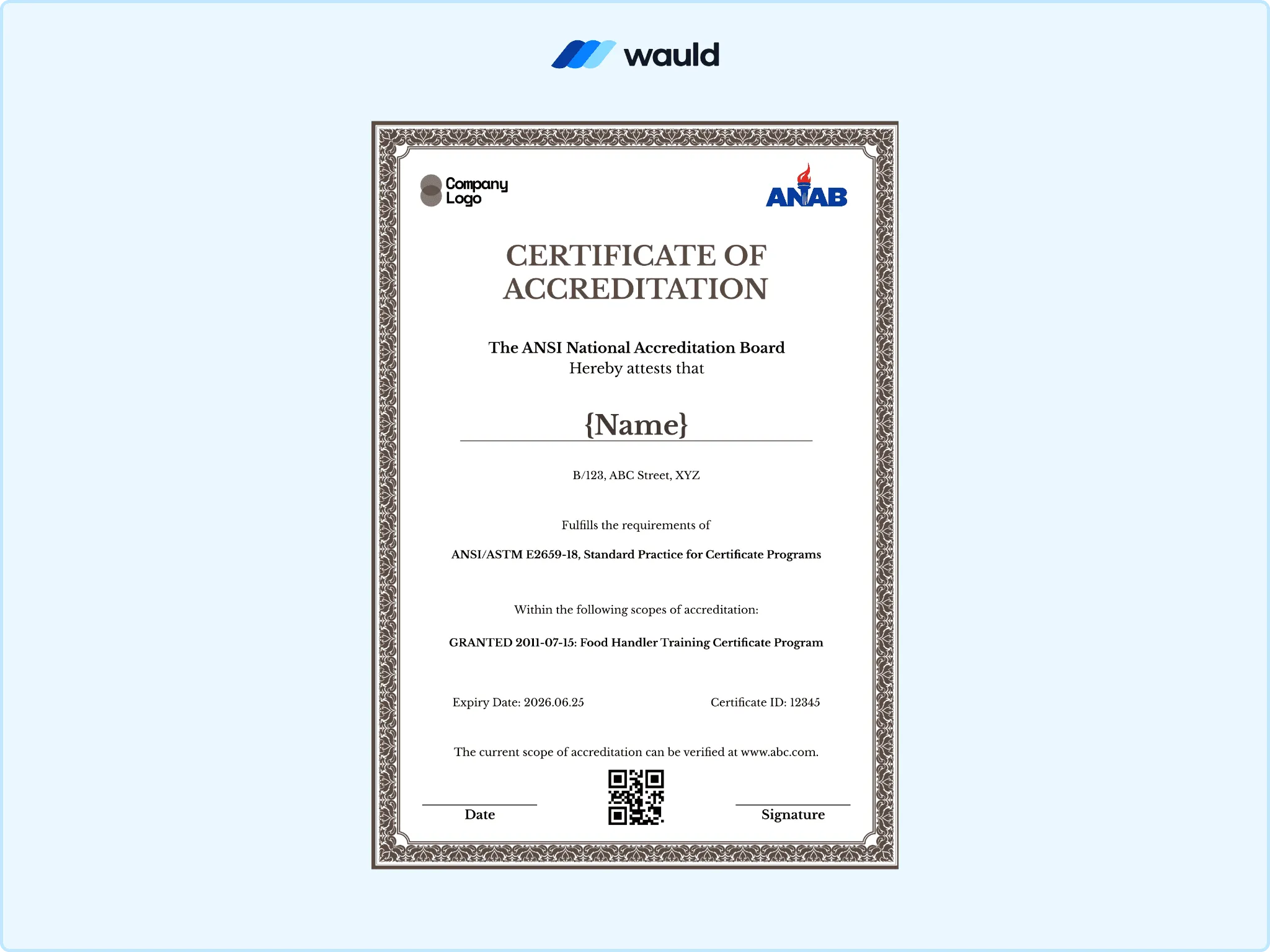 Diamond patterned bordered certificate of accreditation template with script-style recipient name field, accrediting board details, standard practice reference, granted scope, certificate ID, expiry date, and QR code