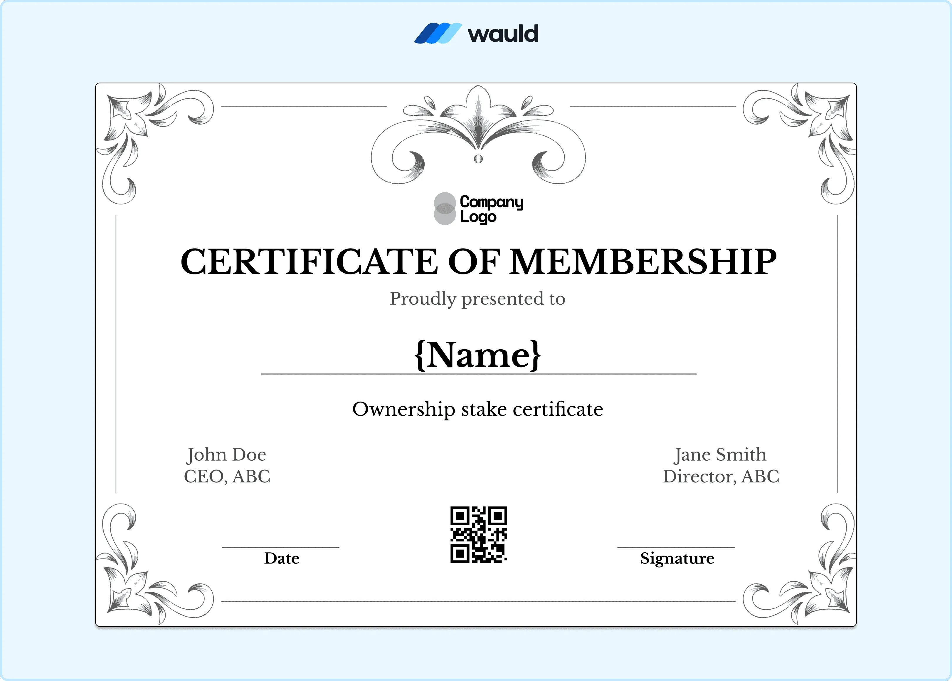 Ornate certificate of membership template with flowing border details, member name field, ownership stake details, dual CEO and director signature lines, and QR code