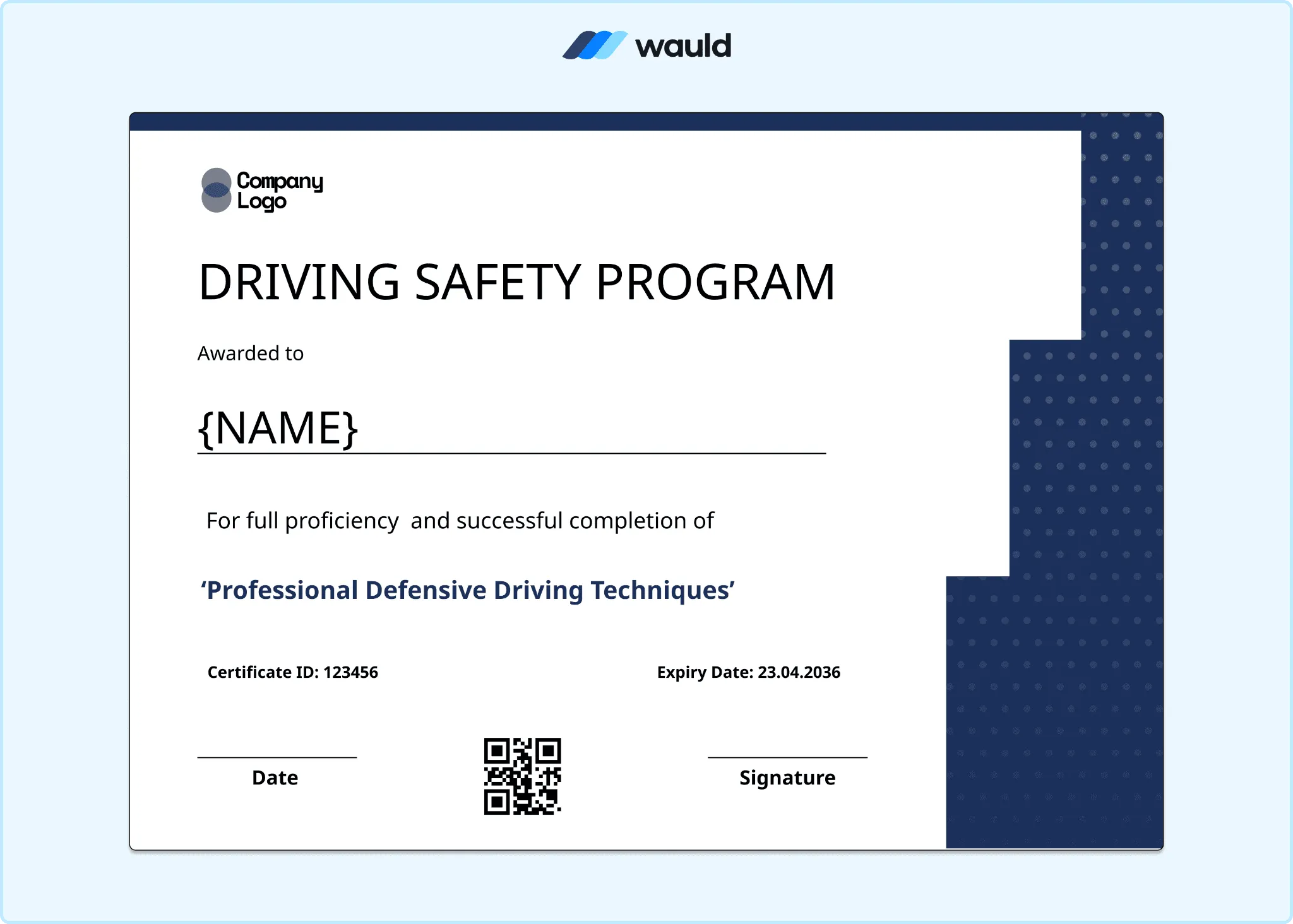 Dark navy driving safety program certificate template with clean white layout, recipient name field, certificate ID, certified date, expiry date, QR code, and signature line
