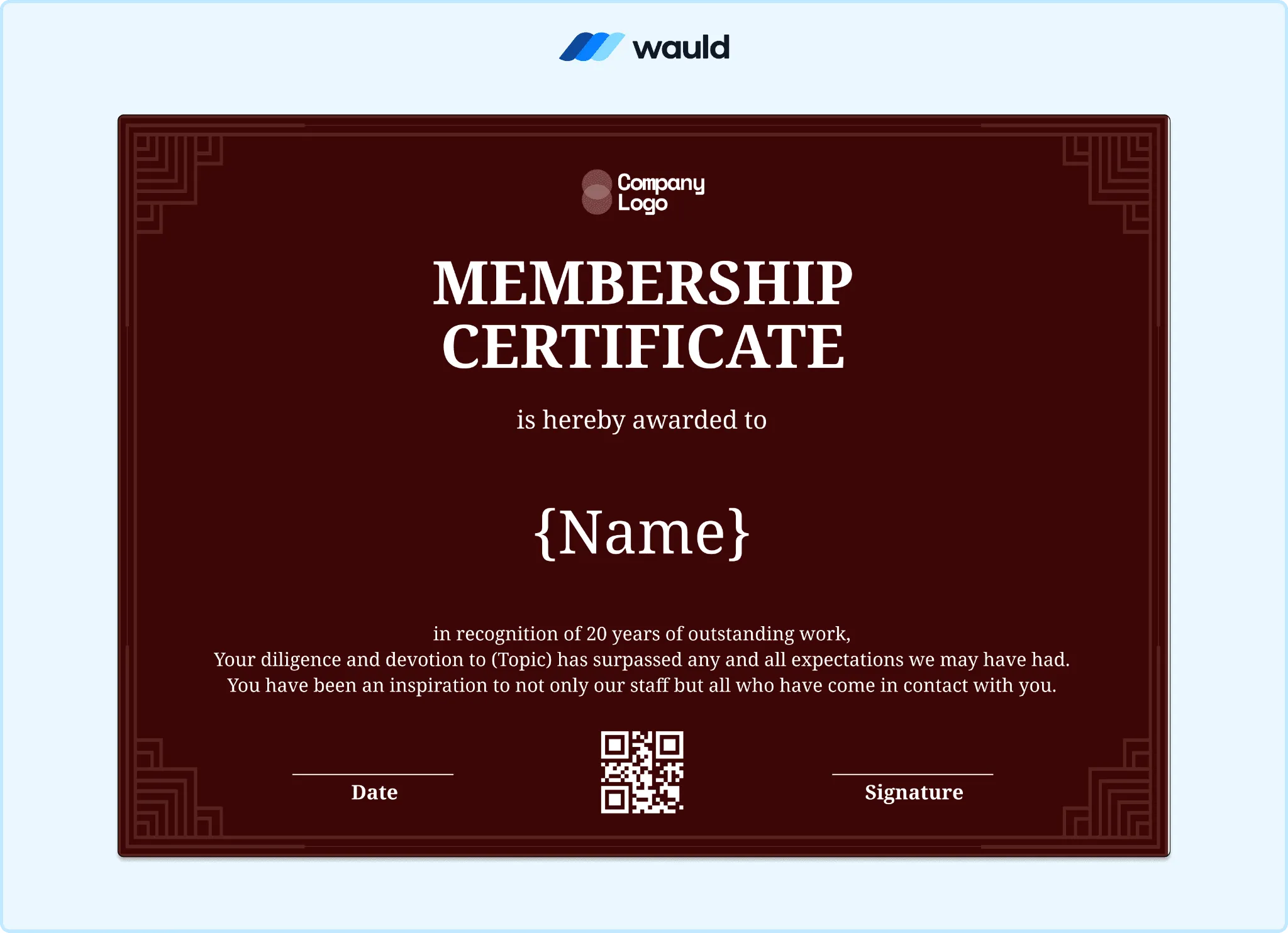 Dark red membership certificate template with bold typography, member name field, recognition details for years of outstanding work, date, QR code, and signature line