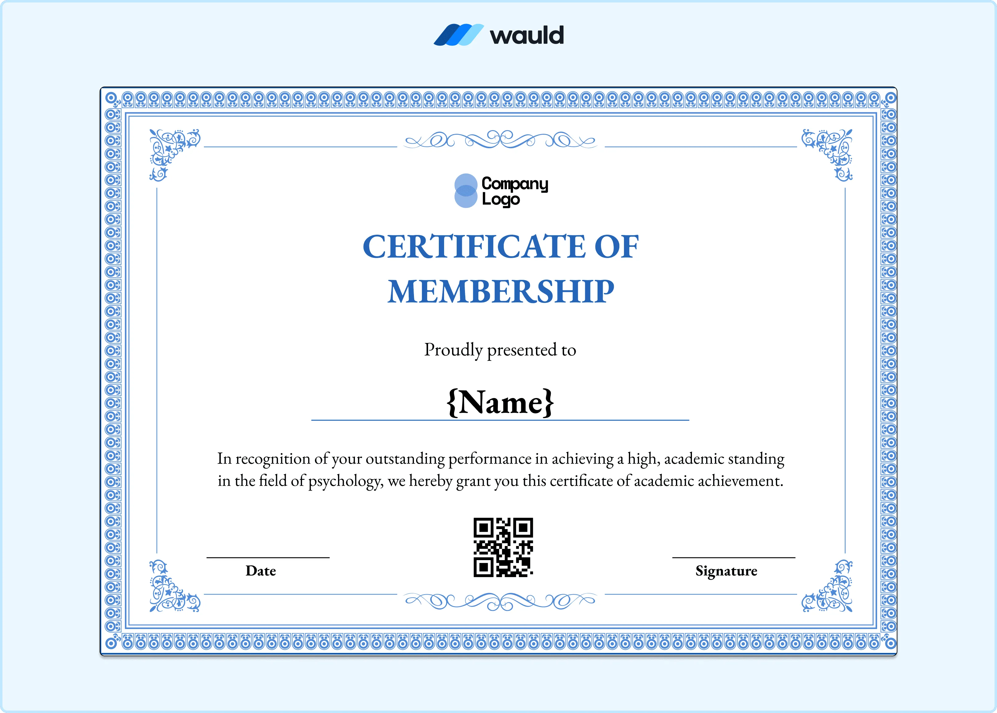 Blue ornate certificate of membership template with intricate border detailing, member name field, achievement description, date, QR code, and signature line