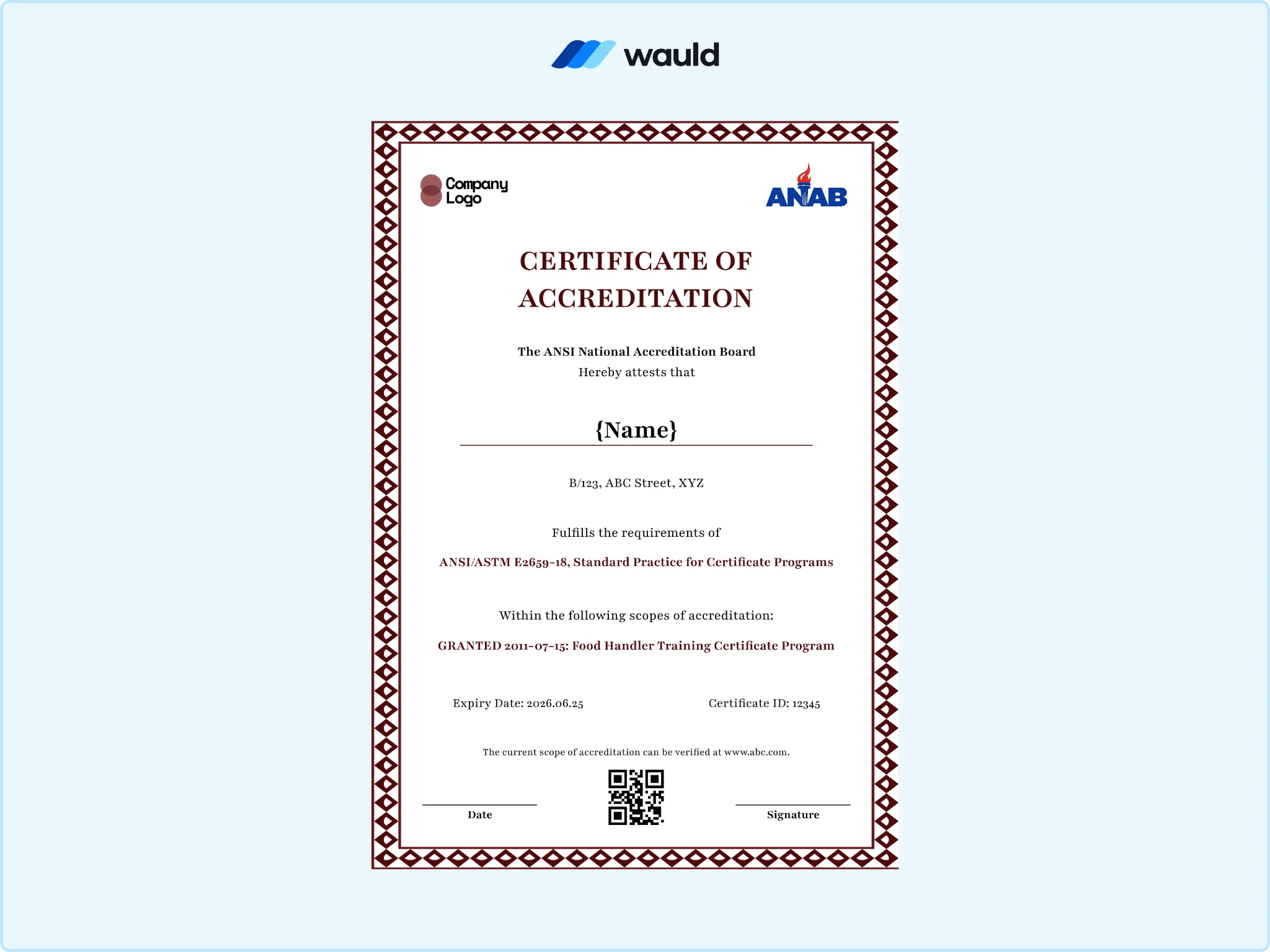 Certificate of accreditation template with dedicated company logo placement, accrediting board emblem, diamond border accents, recipient name field, standard practice reference, scope of accreditation, certificate ID, expiry date, and QR code