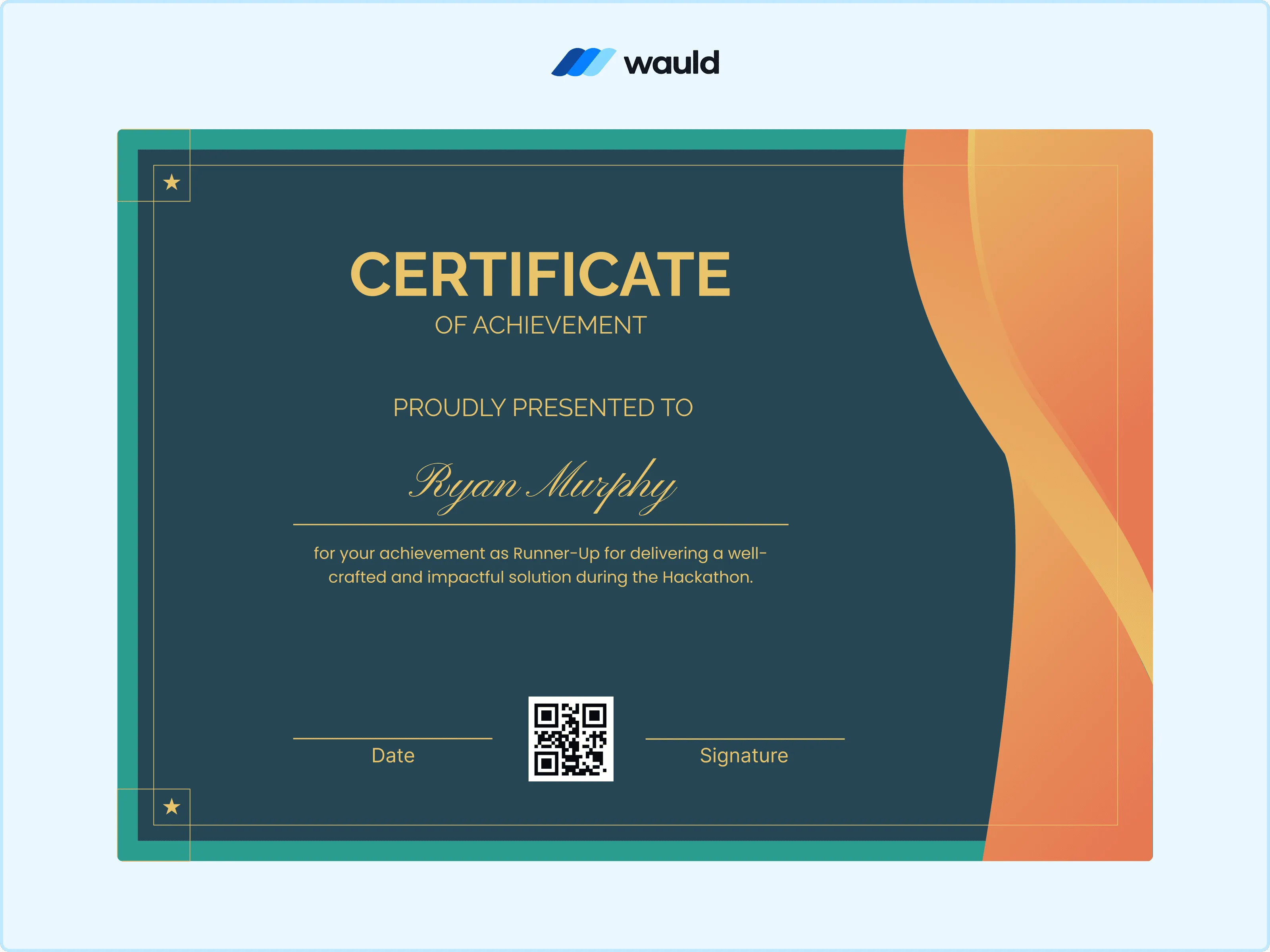 High-contrast premium hackathon runner-up certificate with QR code